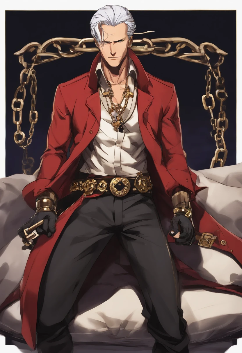 "A man in red pants holding a chain gun, Joe Biden como um personagem JoJo, Gatilho Estilo de Arte de Anime, joseph joestar, arte chave do anime, filho de Sparda, Personagem de King of Fighters, personagem de anime masculino, Pin no anime, personagem de anime, Melhor Design de Personagens de Anime, Arte Oficial, personagem de jogo de luta, name of the character is chad, Vergil."