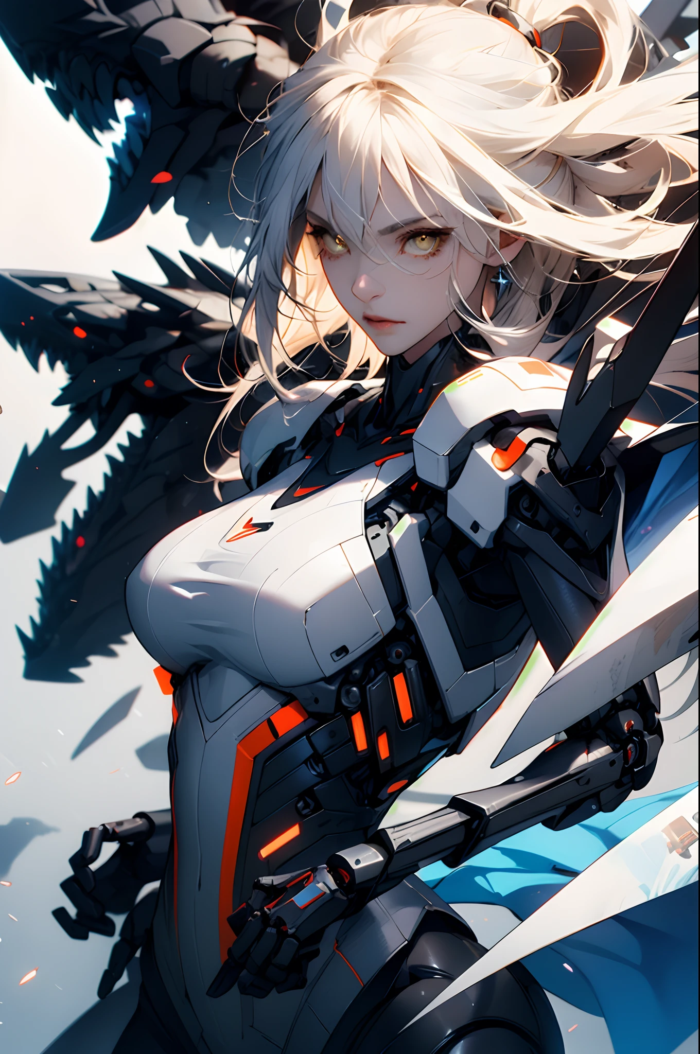 1womanl, Solo,Long hair, Fluffy white hair, Yellow eyes, Big breasts, Height 173 cm, (Prosthetic robotic arms and legs), dynamic angle,(Cinematic lighting, Close-up, Super detail, hyper HD) ,Fighting, Sharp,