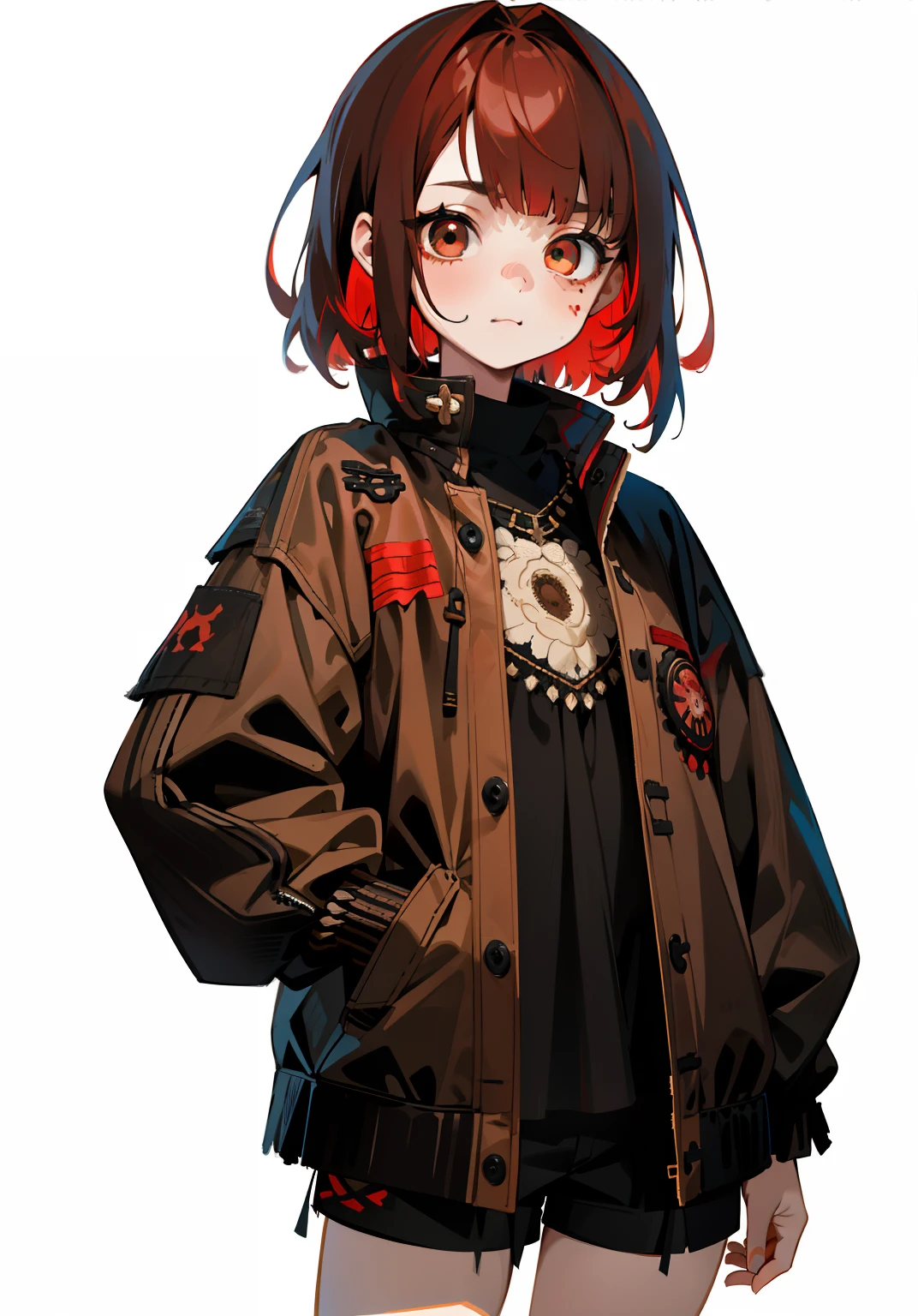 1GIRL, cute girl, finely detailed, (best quality), (intricate details), cute style, loli, hunter style, zombie apocalypse style, multicolored, ((medium red hair)), best quality, ((brown and black clothes)), ((oversized jacket and shorts)), ((distressed style clothes)), ((round eyes)), beautiful face, cute face, pinup, perfect face, simple background portrait