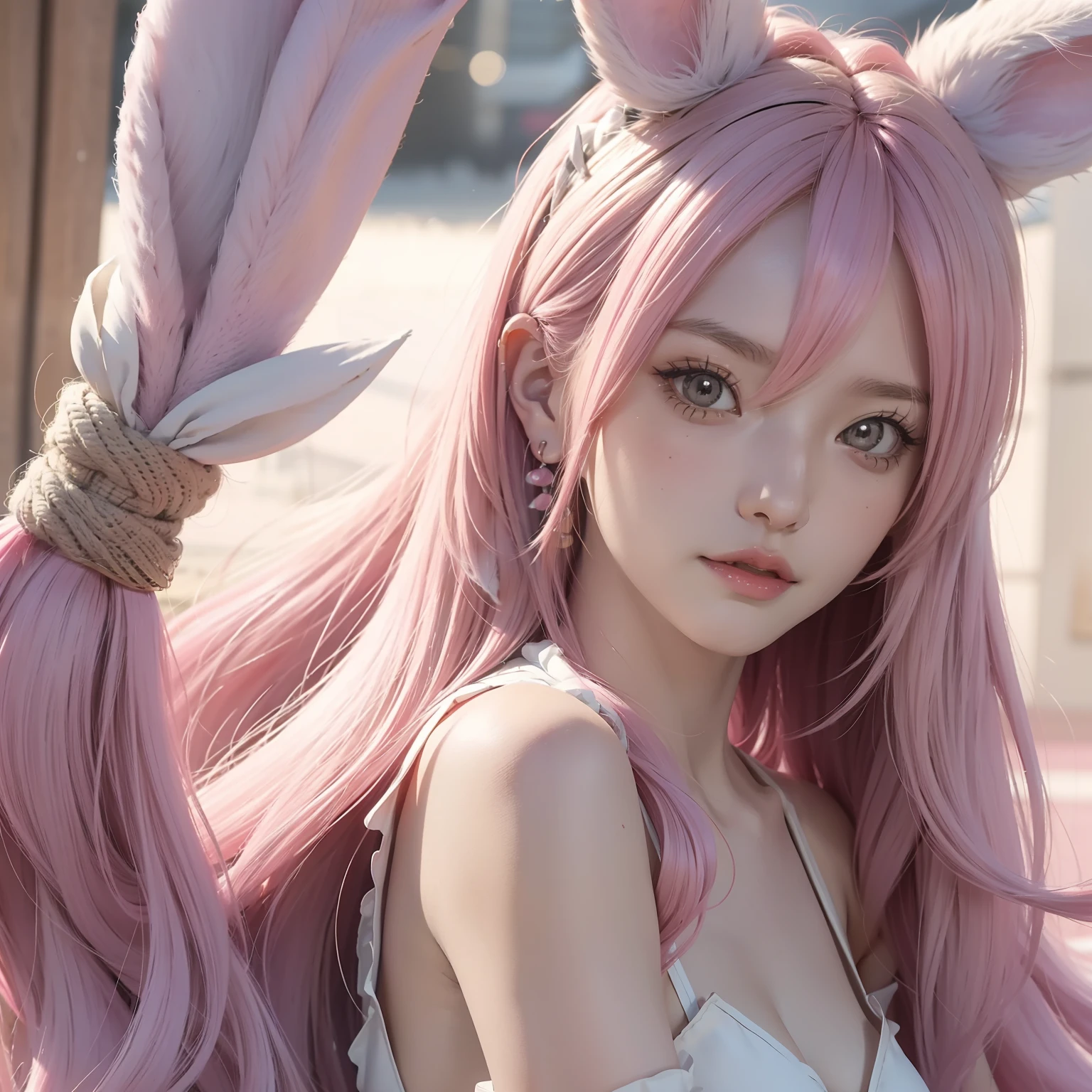 pink hair, ridiculous long hair, hair bow, cat hair accessories, tears of happiness, raised eyebrows, smile, blush, cute, pink breasts, cleavage, hairy bow, tears of happiness, raised eyebrows, smile, blush, movie lighting, projection illustration, close-up, textured skin