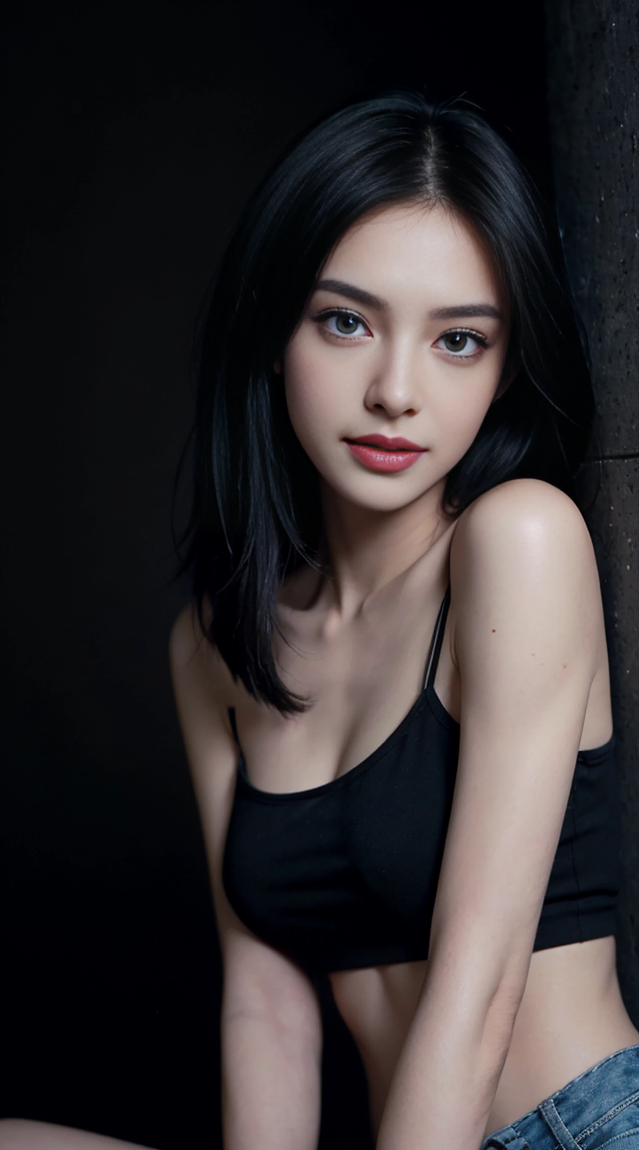 8K, Top Quality, Intricate Details, Ultra Detail, Ultra High Resolution, Masterpiece, random angle, Slender, Smile, (Makeup: 0.4), (Fluffy Blue Eyes: 1.21), blue Eyes, looking at viewer, ((full body)), 1girl, solo, 1 girl, (( full body)), close up shot, , ((tall)), (((fit body))), (((slim face))), sharp face, sharp eyes, (( black hair, )) (detailed face), sharp face, small lips,
((ripped cargo short)), detailed face, detailed breast, , large breast, detail ass, , Beautiful girl with accentuated slender abs: 1.4, Six Pack Abs: 1.4, Bust Botox, Big, Perfect Body, detail leg, (( dark background)), black background,