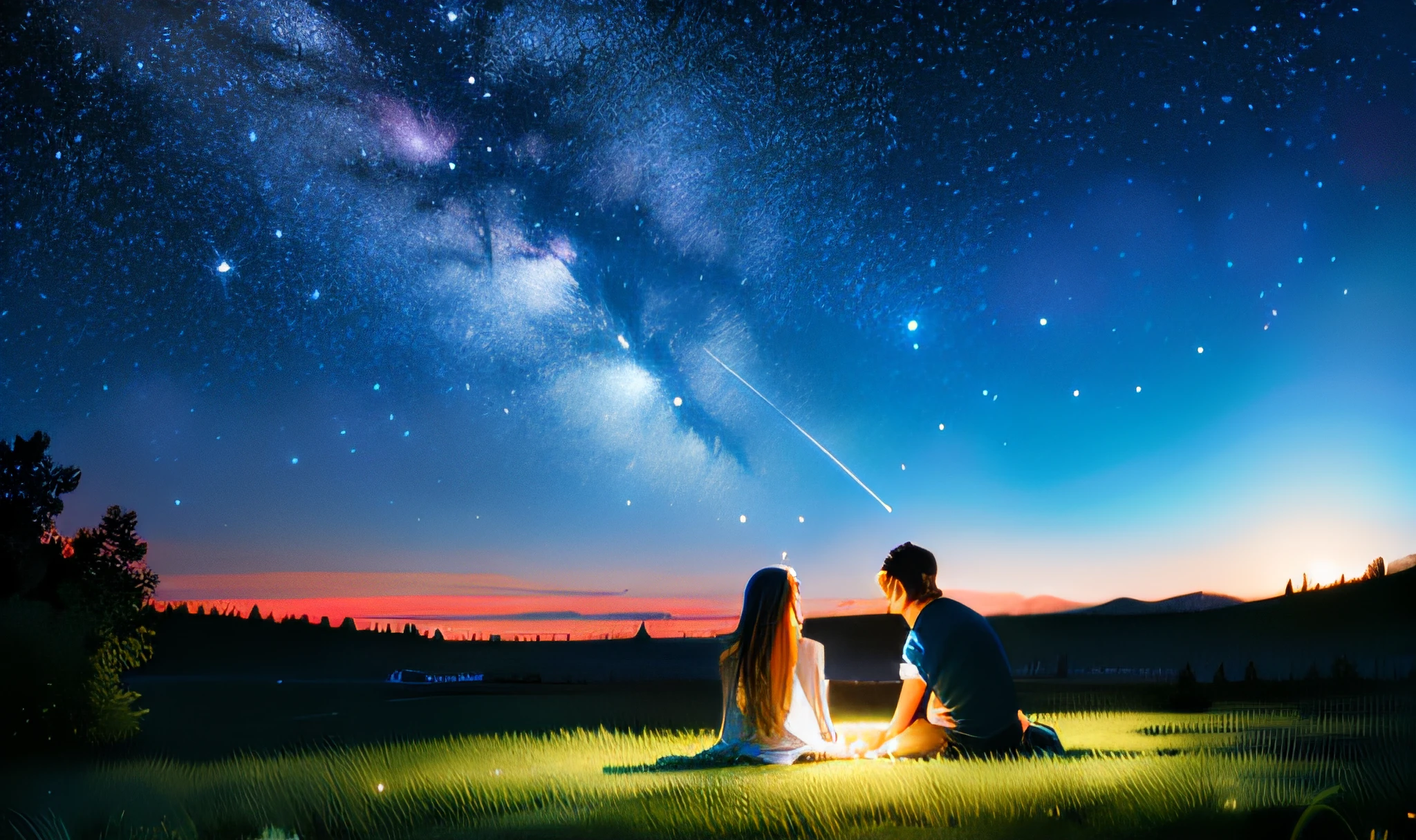 Starry sky and couple sitting on the grass and watching the stars, night under the starry sky, looking at the stars, watching the stars at night, watching the stars, Under the stars, night time with starry sky, looking at the stars, Starry Sky 8 K, the sky is a starry sky, looking to stars, illustratio