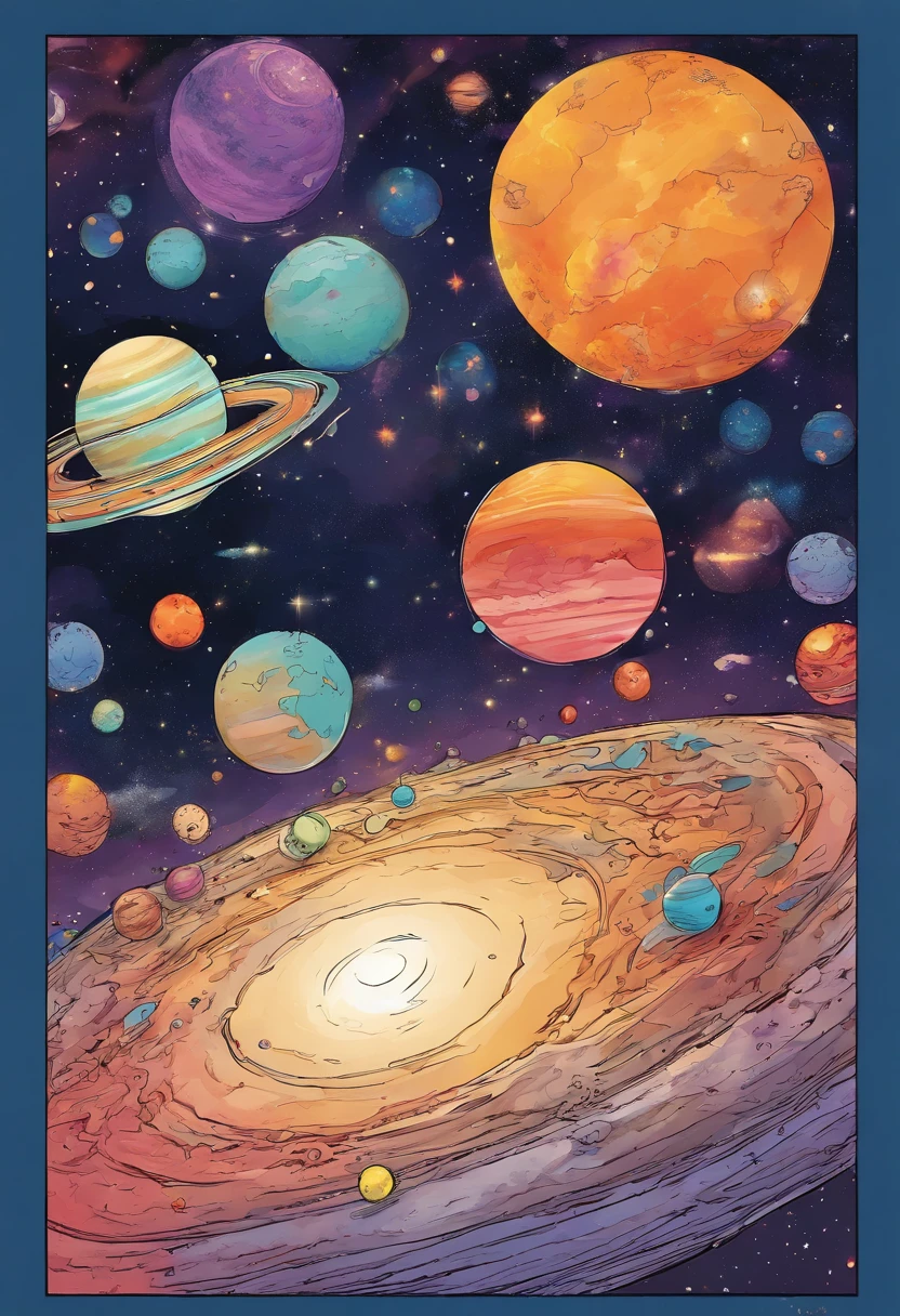 Multiple planets, over lapping in the shape if an Infinity band, expanding universe, stars, water colors,