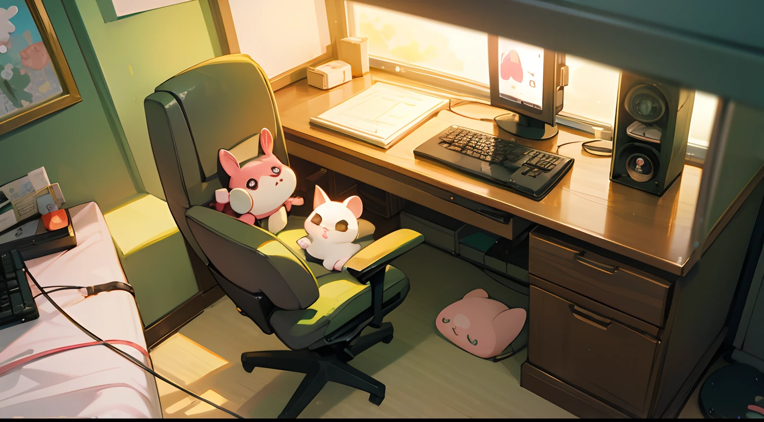 a very cute female computer gaming desk in a kawaii bedroom with a olive green keyboard, white mouse, white desk, stuffed animals, kawaii soda can