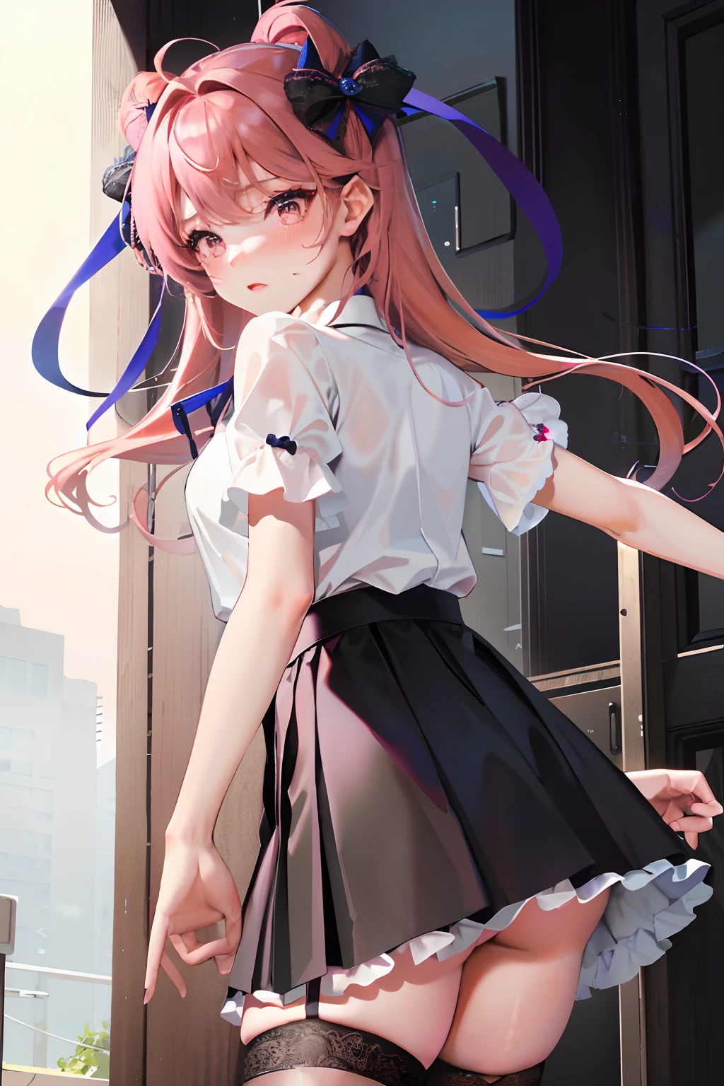 Lift the hem of the skirt、Woman showing underwear in embarrassment、age19、blushed face、Blue lace underwear on top and bottom、Twin-tailed,Pink hair,bow ribbon,Black skirt,
