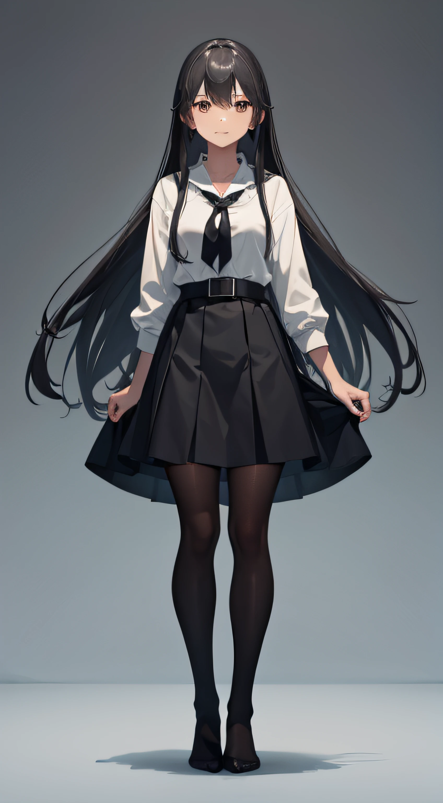 full body,missionary,no background,standing,no shoes,white shirt,long black-hair,White stockings,black skirt