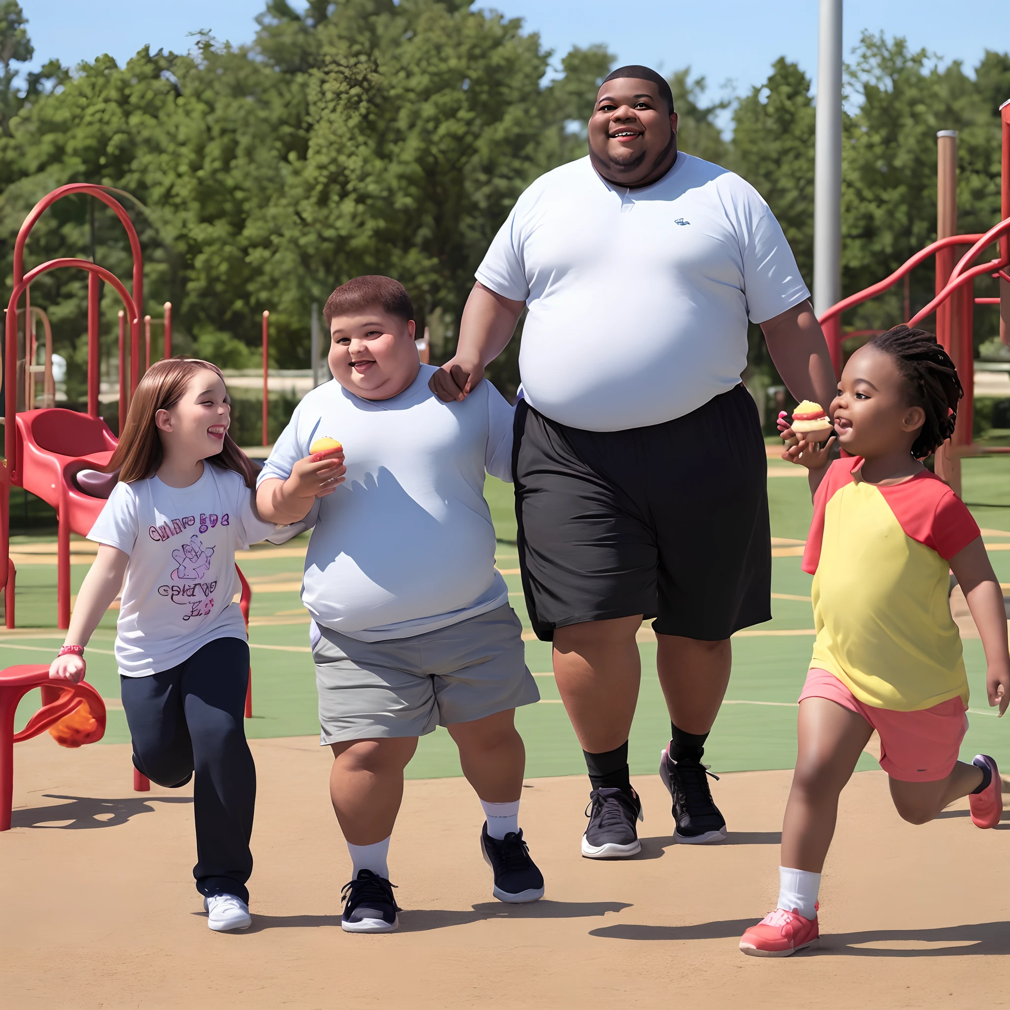 An obese black man holding a cupcake with little girls and a playground in the backround