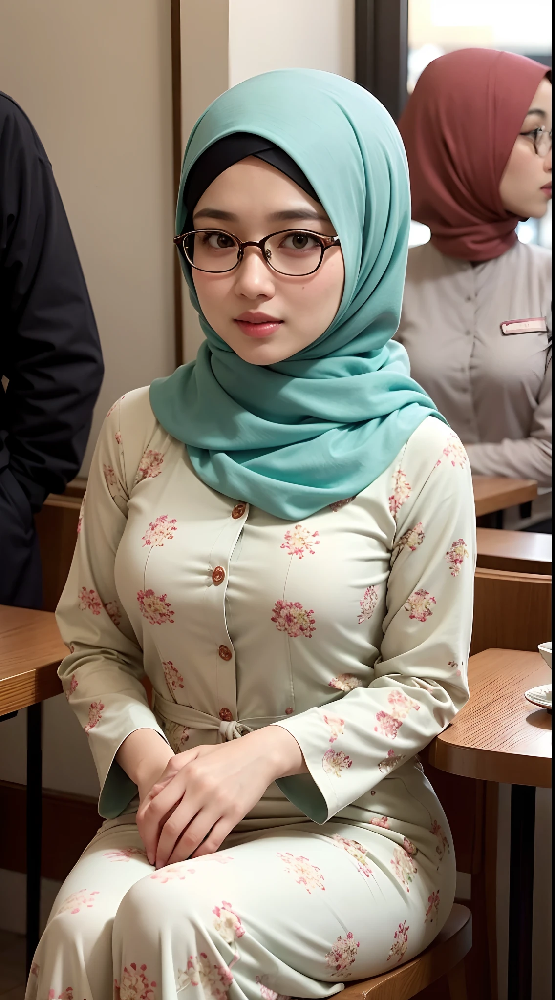 A photo of a young, nerdy malay woman in hijab sitting in a starbuck cafe with 1 malay men in office suit standing behind, woman wearing pastel floral pattern baju kurung, surrounded by a cozy atmosphere, cool ambient, looking at the viewer. (Detail skin:1.3), haired hand,
Hijab, slender, red lips,  flirting with the camera