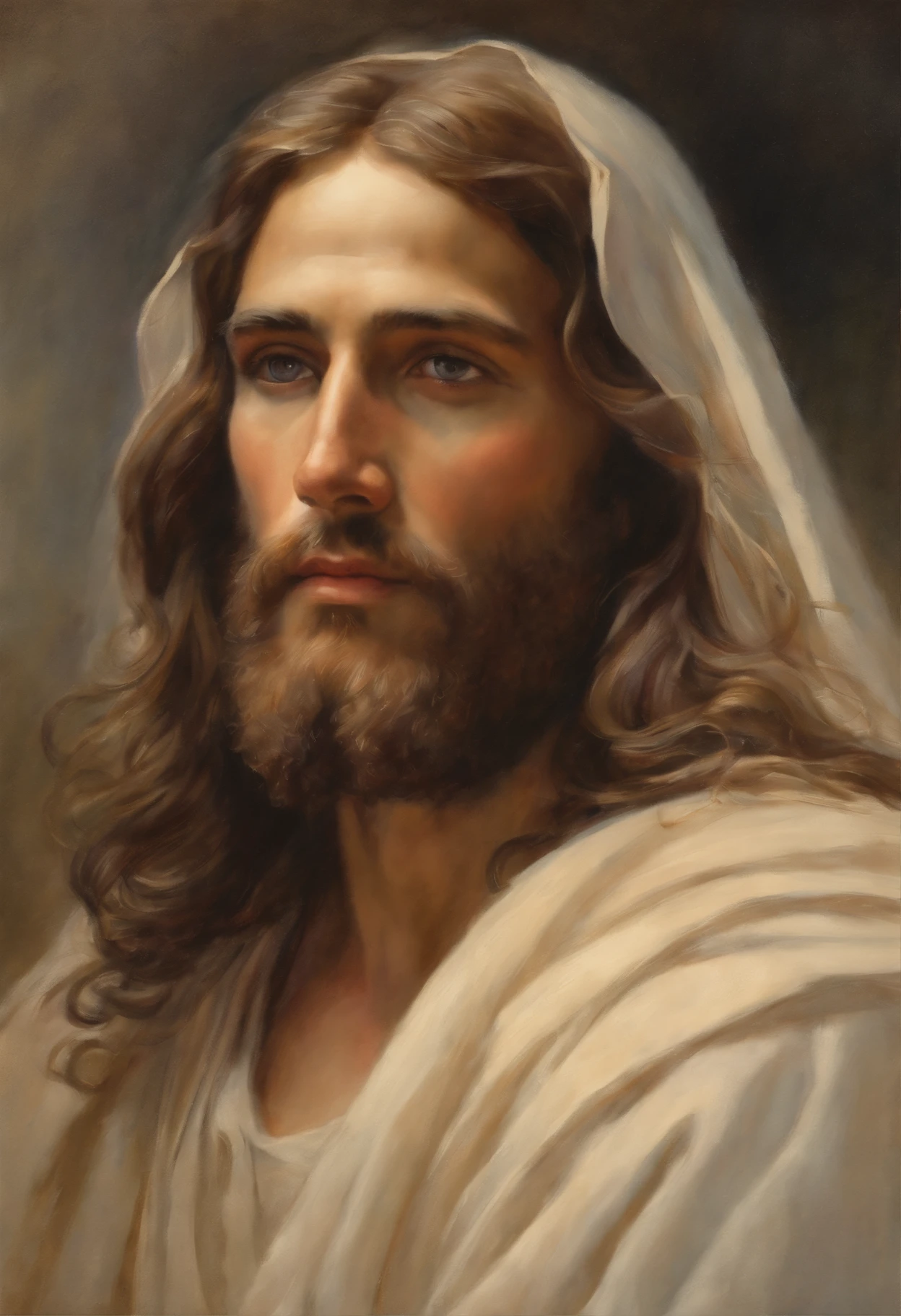 Retrato de Jesus Cristo em estilo aquarela, foco na figura frontal e perfil, perspectiva vertical, estilo pinto-de-agua, texturas naturais, detalhes sutis, tons pastel, tons quentes, efeitos de gota e embaralhamento, linhas suaves, as if hand painted