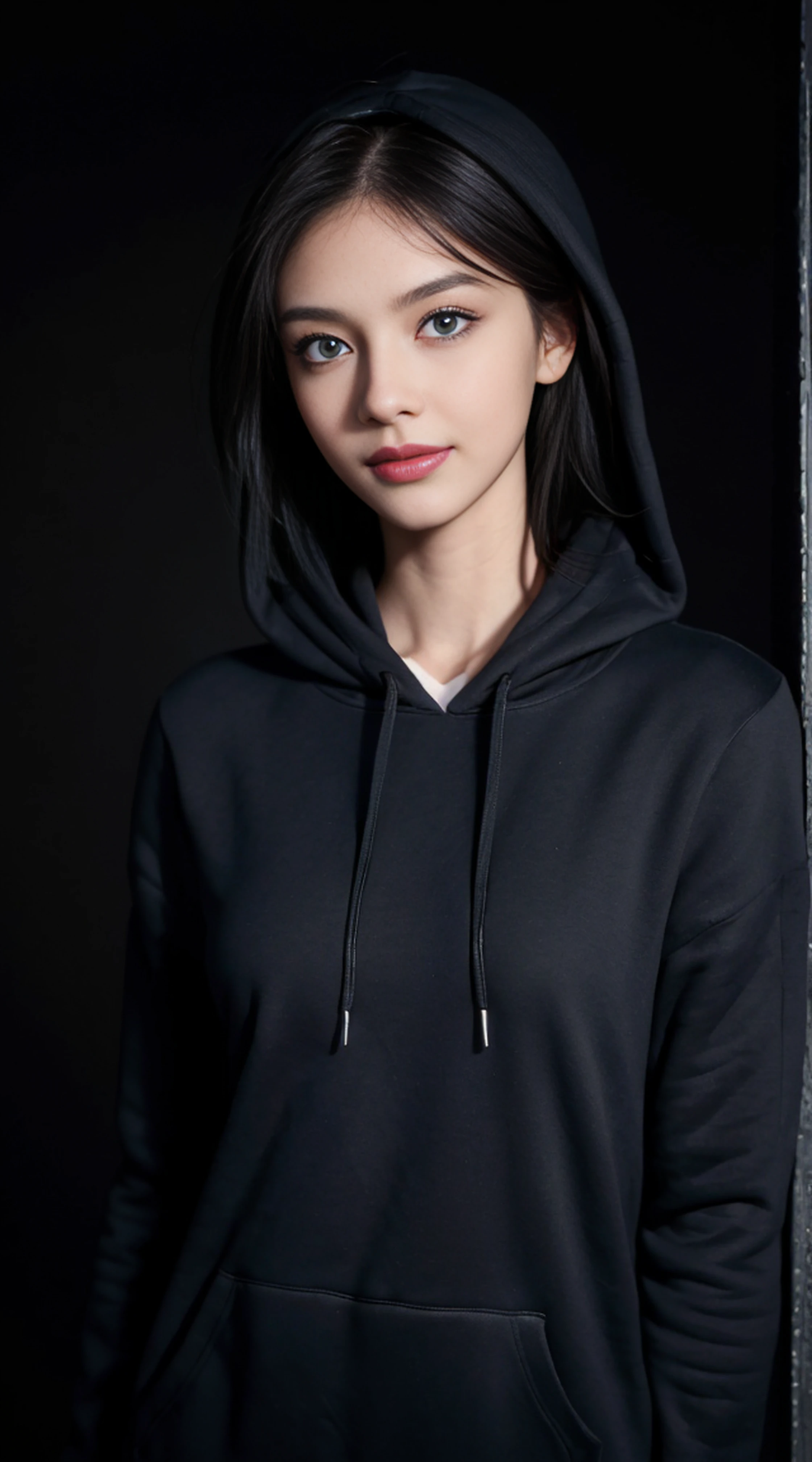 8K, Top Quality, Intricate Details, Ultra Detail, Ultra High Resolution, Masterpiece, random angle, Slender, Smile, (Makeup: 0.4), (Fluffy Blue Eyes: 1.21), blue Eyes, looking at viewer, ((full body)), 1girl, solo, 1 girl, (( full body)), close up shot, , ((tall)), (((fit body))), (((slim face))), sharp face, sharp eyes, (( black hair, )) (detailed face), sharp face, small lips,
((open hoodie)), detailed face, detailed breast, , large breast, detail ass, , Beautiful girl with accentuated slender abs: 1.4, Six Pack Abs: 1.4, Bust Botox, Big, Perfect Body, detail leg, (( dark background)), black background,