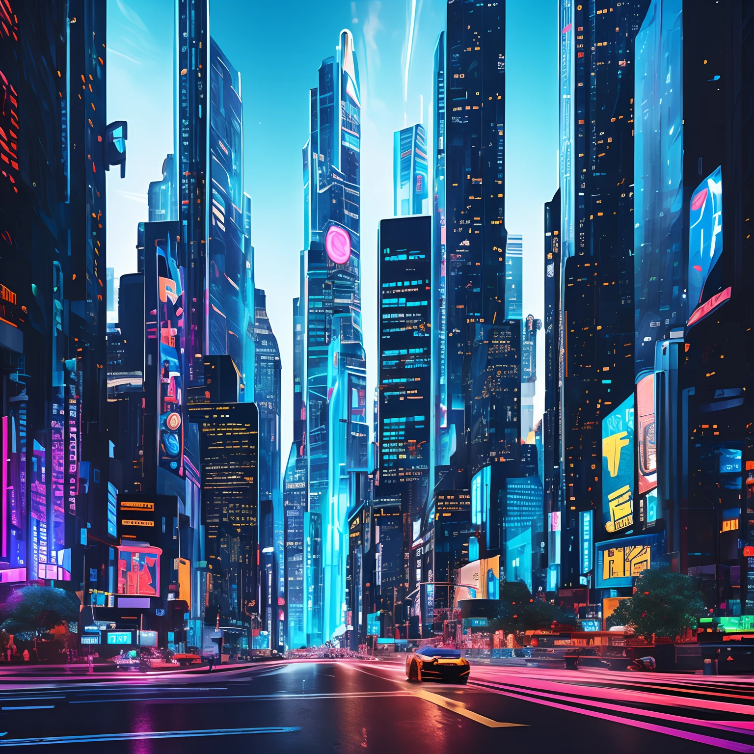 Create a digital illustration of Alexander, the witty and tech-savvy human in their late 20s, with impeccable attention to intricate details. Depict their short, tousled brown hair and striking blue eyes with lifelike precision. Dress them in sleek, high-tech clothing that seamlessly combines modern style with a cyberpunk edge. The environment should reflect a futuristic cityscape, with neon-lit streets and skyscrapers in the background. Emphasize the gadgets they carry, and make the augmented reality glasses a central element. Employ a vibrant, high-contrast color scheme with vivid blues and neon accents.