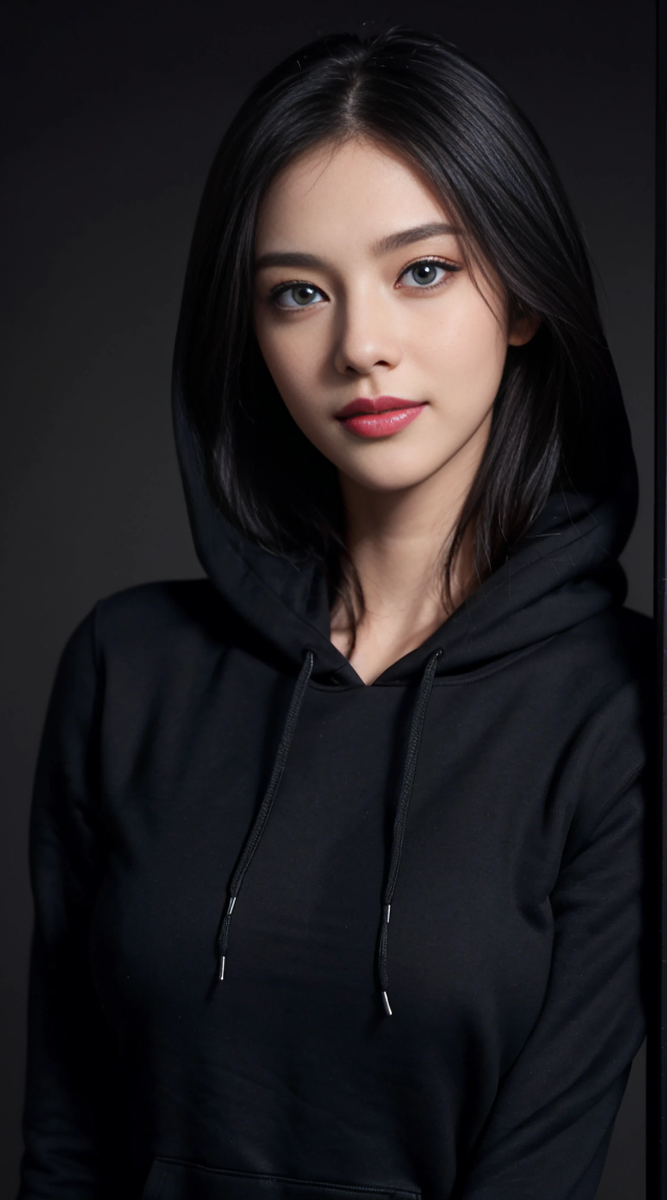 8K, Top Quality, Intricate Details, Ultra Detail, Ultra High Resolution, Masterpiece, random angle, Slender, Smile, (Makeup: 0.4), (Fluffy Blue Eyes: 1.21), blue Eyes, looking at viewer, ((full body)), 1girl, solo, 1 girl, (( full body)), close up shot, , ((tall)), (((fit body))), (((slim face))), sharp face, sharp eyes, (( black hair, )) (detailed face), sharp face, small lips,
((open hoodie)), detailed face, detailed breast, , large breast, detail ass, , Beautiful girl with accentuated slender abs: 1.4, Six Pack Abs: 1.4, Bust Botox, Big, Perfect Body, detail leg, (( dark background)), black background,
