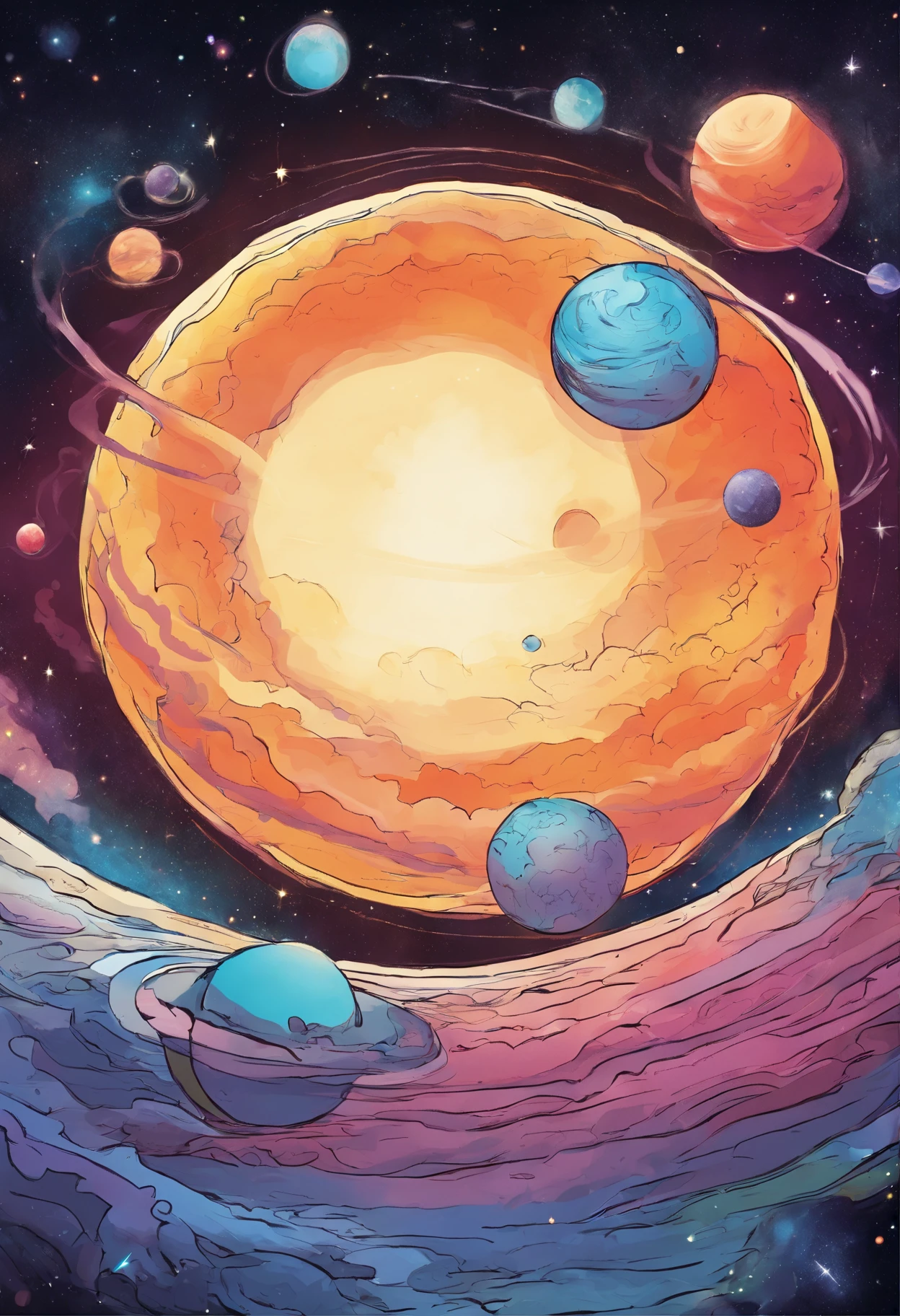 Multiple planets, over lapping in the shape if an Infinity band, expanding universe, stars, water colors,