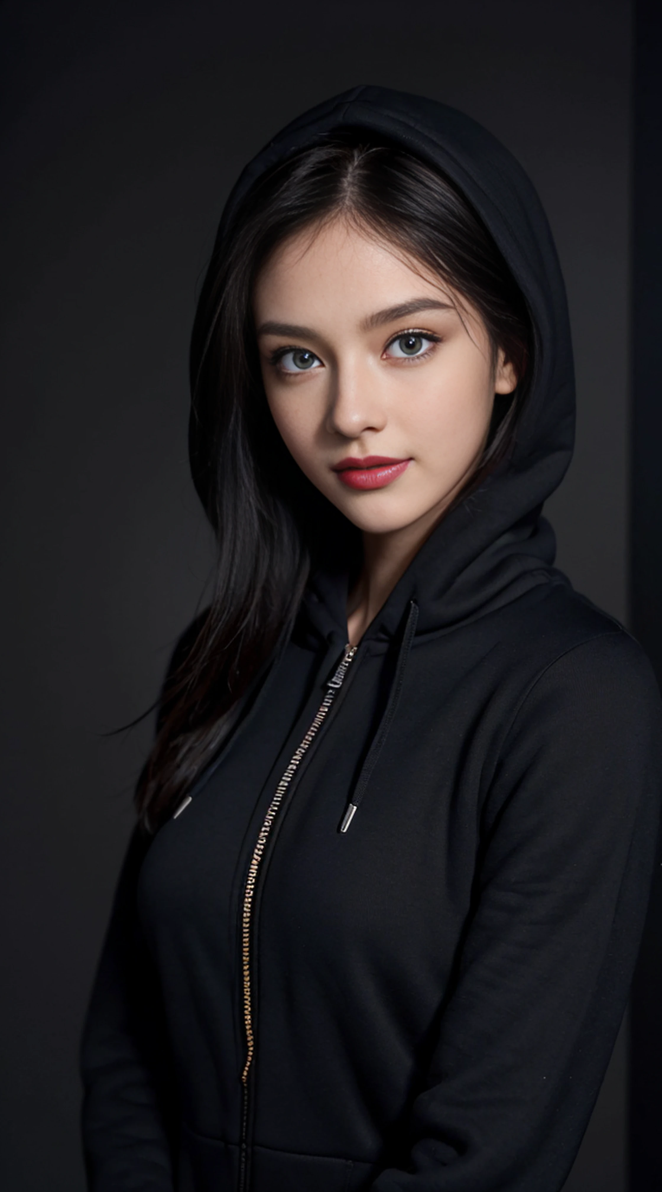 8K, Top Quality, Intricate Details, Ultra Detail, Ultra High Resolution, Masterpiece, random angle, Slender, Smile, (Makeup: 0.4), (Fluffy Blue Eyes: 1.21), blue Eyes, looking at viewer, ((full body)), 1girl, solo, 1 girl, (( full body)), close up shot, , ((tall)), (((fit body))), (((slim face))), sharp face, sharp eyes, (( black hair, )) (detailed face), sharp face, small lips,
((open zip hoodie)), detailed face, detailed breast, , large breast, detail ass, , Beautiful girl with accentuated slender abs: 1.4, Six Pack Abs: 1.4, Bust Botox, Big, Perfect Body, detail leg, (( dark background)), black background,