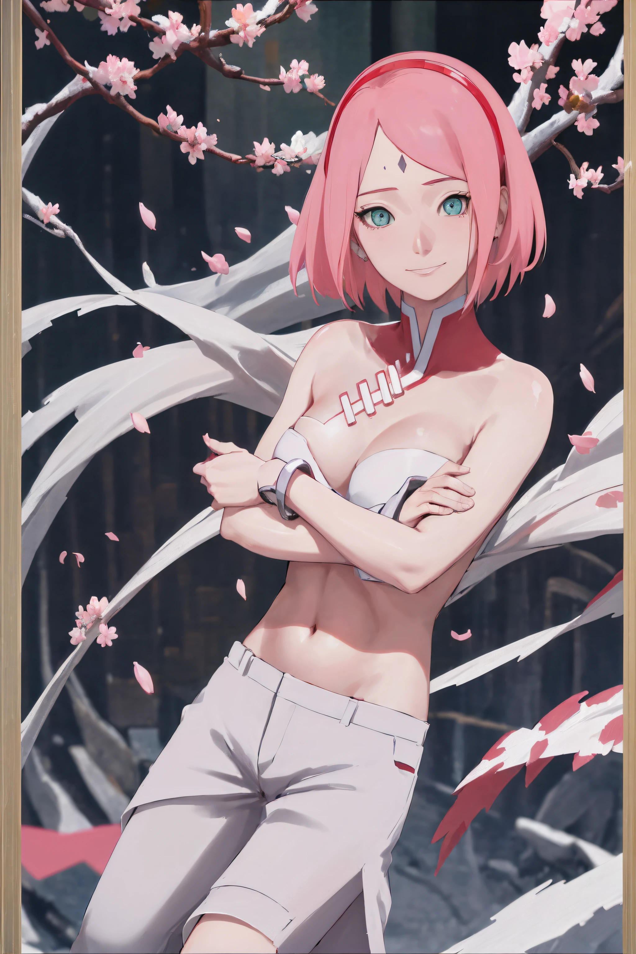 masterpiece, absurdres ,1girl, haruno sakura,forehead mark, red hairband, red sleeveless dress, white pants,navel, groin, bracelet, looking at viewer, crossed arms, smile, cherry blossoms, wind, floating hair,NSFW,official art,extremely detailed CG unity 8k wallpaper, perfect lighting, (masterpiece:1.0),(best_quality:1.0), ultra high res,4K,ultra-detailed, photography, 8K, HDR, highres, absurdres:1.2, Kodak portra 400, film grain, blurry background, bokeh:1.2, lens flare, (vibrant_color:1.2),(beautiful_face:1.5),(narrow_waist),(perfect hands, perfect anatomy),
