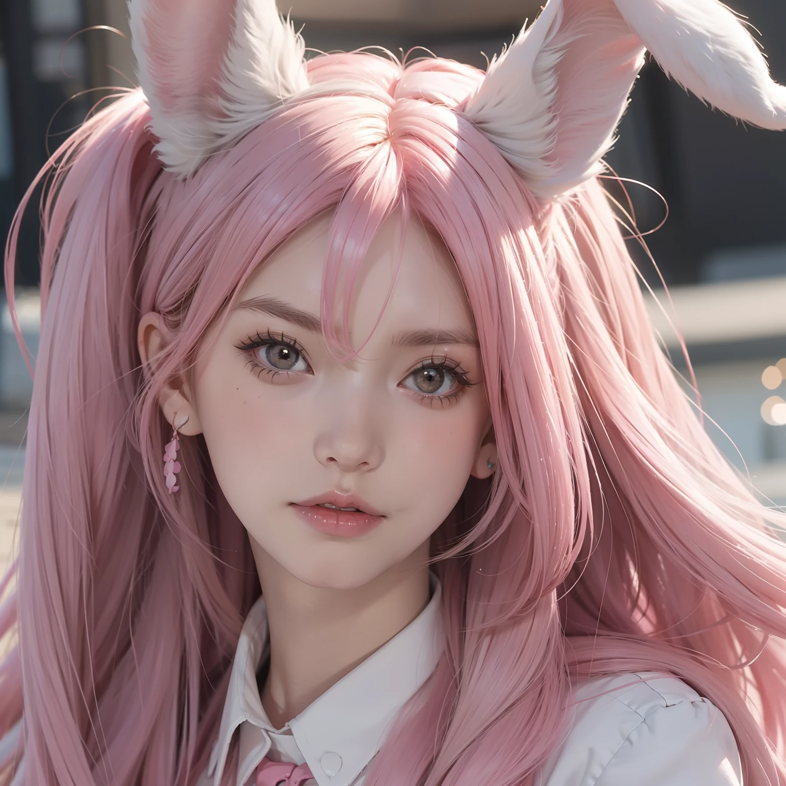 Anime style, Cartoon close-up of a woman with ears and a rabbit tail, There is a rabbit tail, With rabbit ears, Girl design, Mara, Portrait, Gisha, Anime image, Long hair, Pink hair, hair covering ears, cheerfulness, Polished and powerful appearance, Exotic, Tall