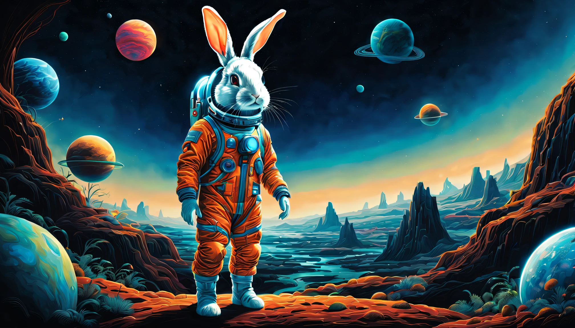 oil painted，(((A bioluminescent rabbit))), horrified expression, Dressed in a high-tech spacesuit,  Stand on the windowsill，Look at the Earth with a space background in front of you, Post-apocalyptic background style, Bright warm colors, Movie poster, Compelling documentary photographs, Earthworks, metallic rotation, IMAX, 21st century, The man in the spacesuit is gone & Wander through a landscape surrounded by planets, In the style of Imax, Anna Dietman, Alexey Briklot, Alex Colville, centered image, hyper detailed illustration, posing on a, (Four colors), Whimsical, Enchanting, children's storybook, (ink lines:1.1), strong outline, art by mschiffer, Bold markers, unframed, High contrast, (cel-shaded:1.1), vectorial, 32K resolution, Best quality, Flat colors, Flat lights. The fusion of art and mathematics, ultra - detailed, trending on art station, Sharp focus, Studio photography, intricately details, Highly detailed, Centered, perfectly symmetrical,
