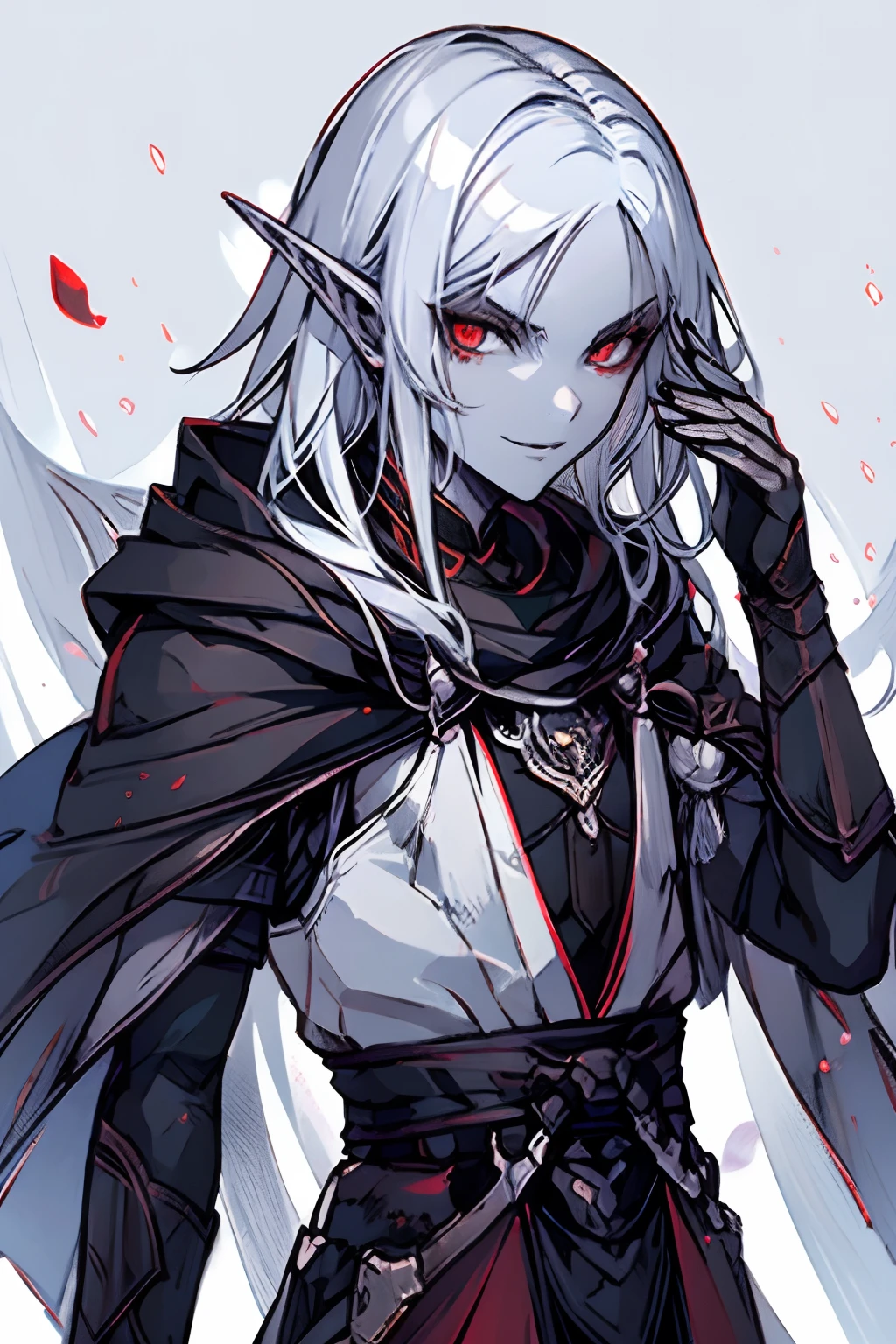 red-eyes, hairlong, light grey hair, black cloak, tmasterpiece, beste-Qualit, 独奏, Ashen skin, sharp ears, Drow the Dark Elf, A smirk on his face