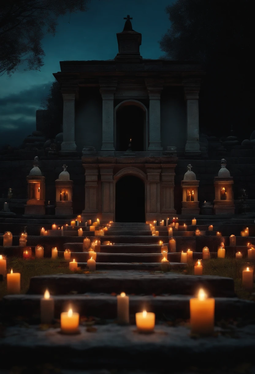 A realistic background without people dia de las muertos nigth with candles lights with mexican skulls cemetery front view