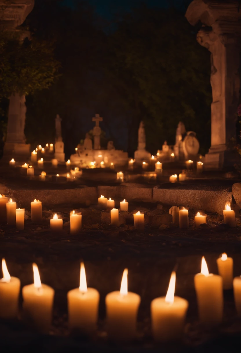 A realistic background without people dia de las muertos nigth with candles lights with mexican skulls cemetery front view