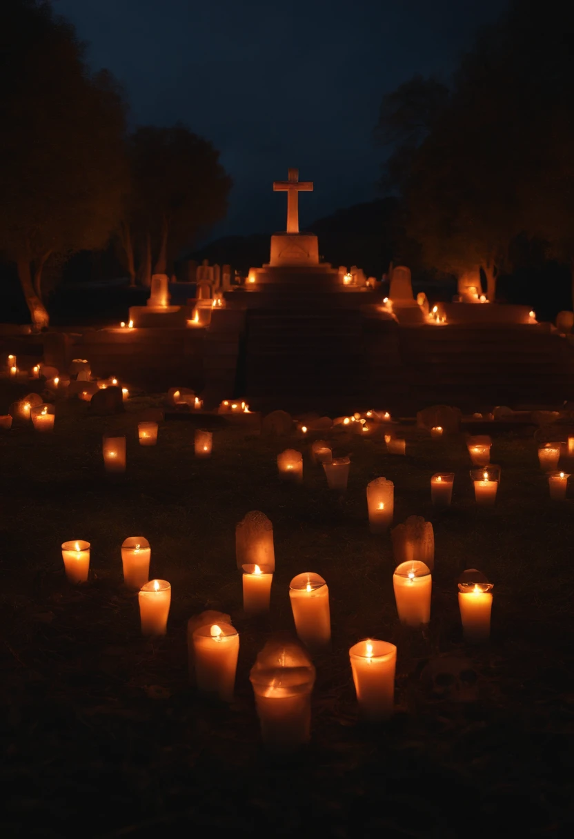 A realistic background without people dia de las muertos nigth with candles lights with mexican skulls cemetery front view