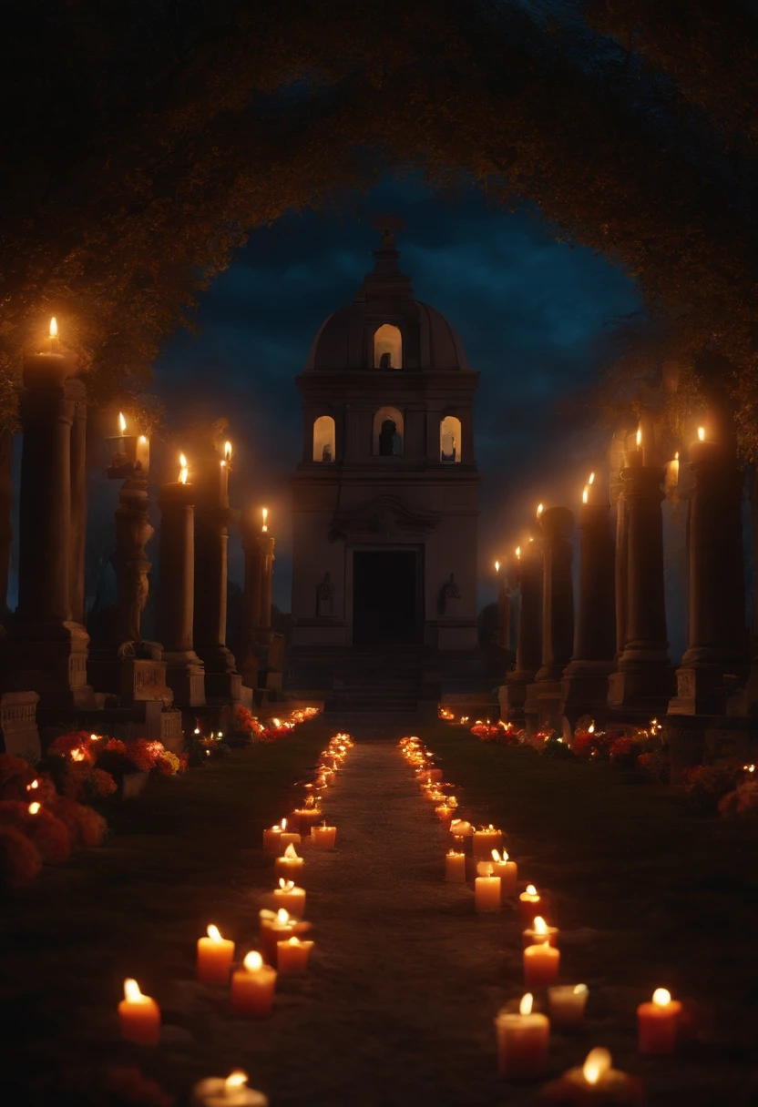 A realistic background without people dia de las muertos nigth with candles lights with mexican skulls cemetery front view