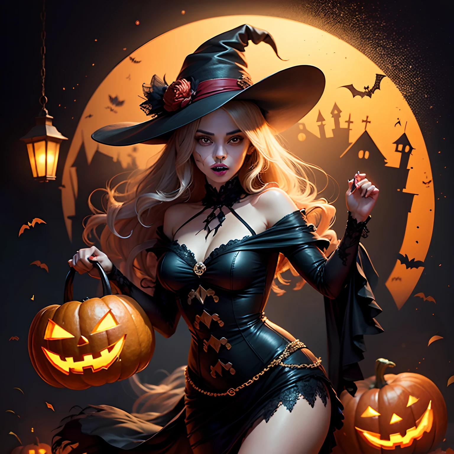 Sexy witch, pin-up style, at night, flying on a broom, flying over a pumpkin field, low camera angle.