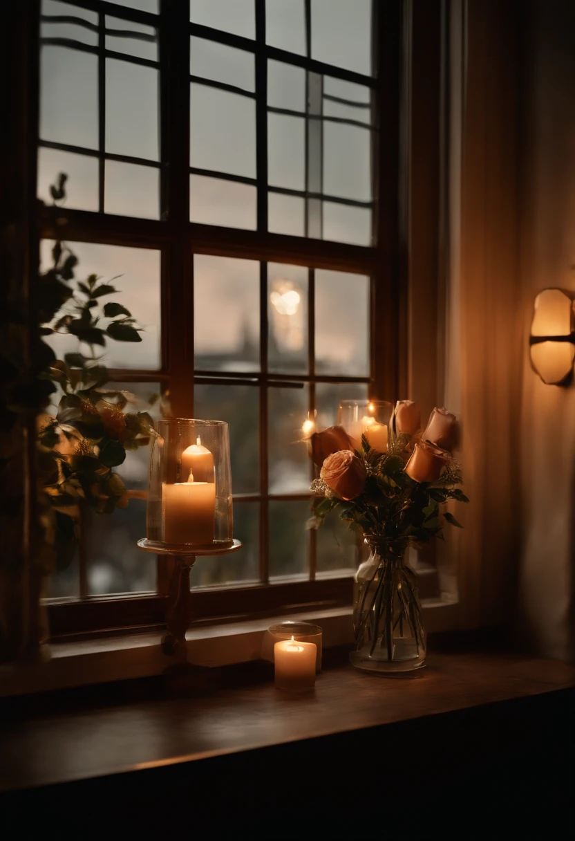 Romantic scene,rosette,wineglass,Scented candles,midynight,Bedrooms,Large bay window,gentlesoftlighting,A man and a woman hug,Slightly drunken atmosphere,With the city night outside the window。