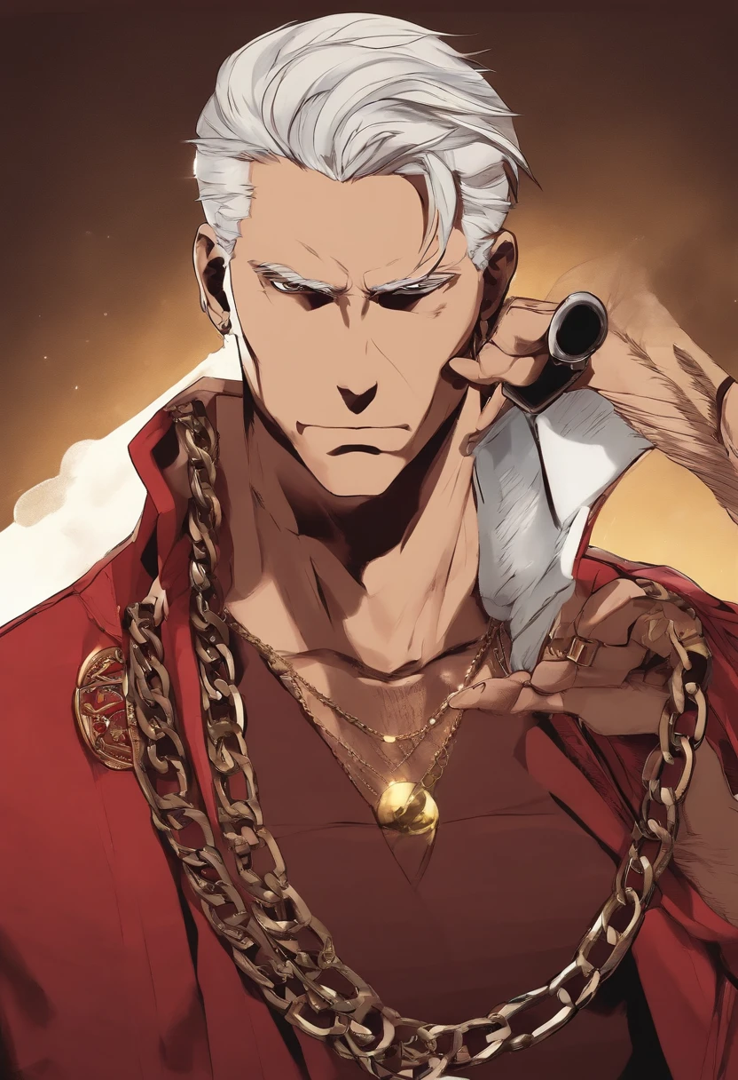 A man in red pants holding a gun and chains, Joe Biden como um personagem JoJo, Gatilho Estilo de Arte de Anime, joseph joestar, arte chave do anime, filho de sparda, Personagem de King of Fighters, personagem de anime masculino, Pin no anime, personagem de anime, Melhor Design de Personagens de Anime, Arte Oficial, personagem de jogo de luta, name of the character is chad, Vergil