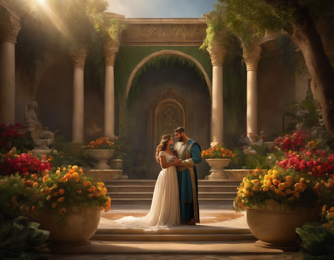 (photorealistic:1.37),king Solomon,2 women holding a baby,detailed sword in hand,regal pose,beautiful clothing,golden crown,ornate throne,lush green garden,cascading fountain,soft sunlight,peaceful atmosphere,colorful flowers,sparkling jewels,richly decorated surroundings,impressive architecture,courtyard,grandeur,royal ambiance,harmonious composition,attention to facial expressions,dramatic lighting,artistic perspective,emotional storytelling,vivid colors,lifelike textures,fine brushstrokes,masterpiece:1.2