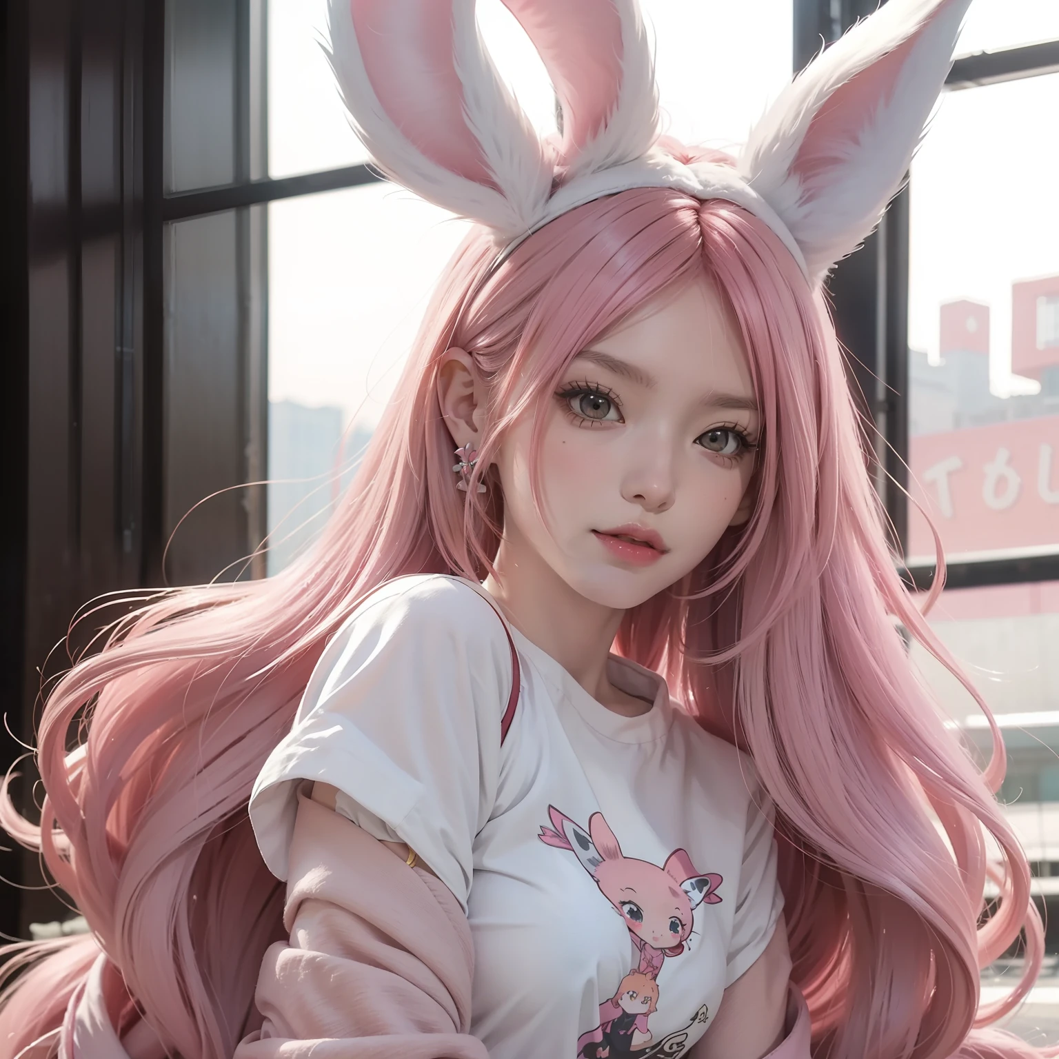 Anime style, Cartoon close-up of a woman with ears and a rabbit tail, There is a rabbit tail, With rabbit ears, Girl design, Mara, Portrait, Gisha, Anime image, Long hair, Pink hair, hair covering ears, cheerfulness, Polished and powerful appearance, Exotic, Tall