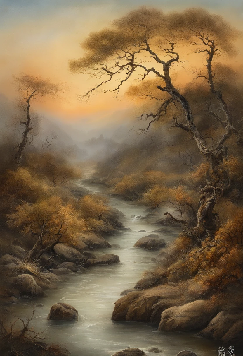 RAW photo of the landscape,Dead vines, old trees, and crows,Small bridges and flowing water,Ancient road west wind thin horse,Sunset,Broken intestines are at the end of the world,Inspired by the Tang dynasty poet Ma Zhiyuan,small detailed,realisticlying,ultra real photo,8K UHD,Digital SLR,softlighting,high high quality,filmgrain,Fujifilm XT3,(tmasterpiece)