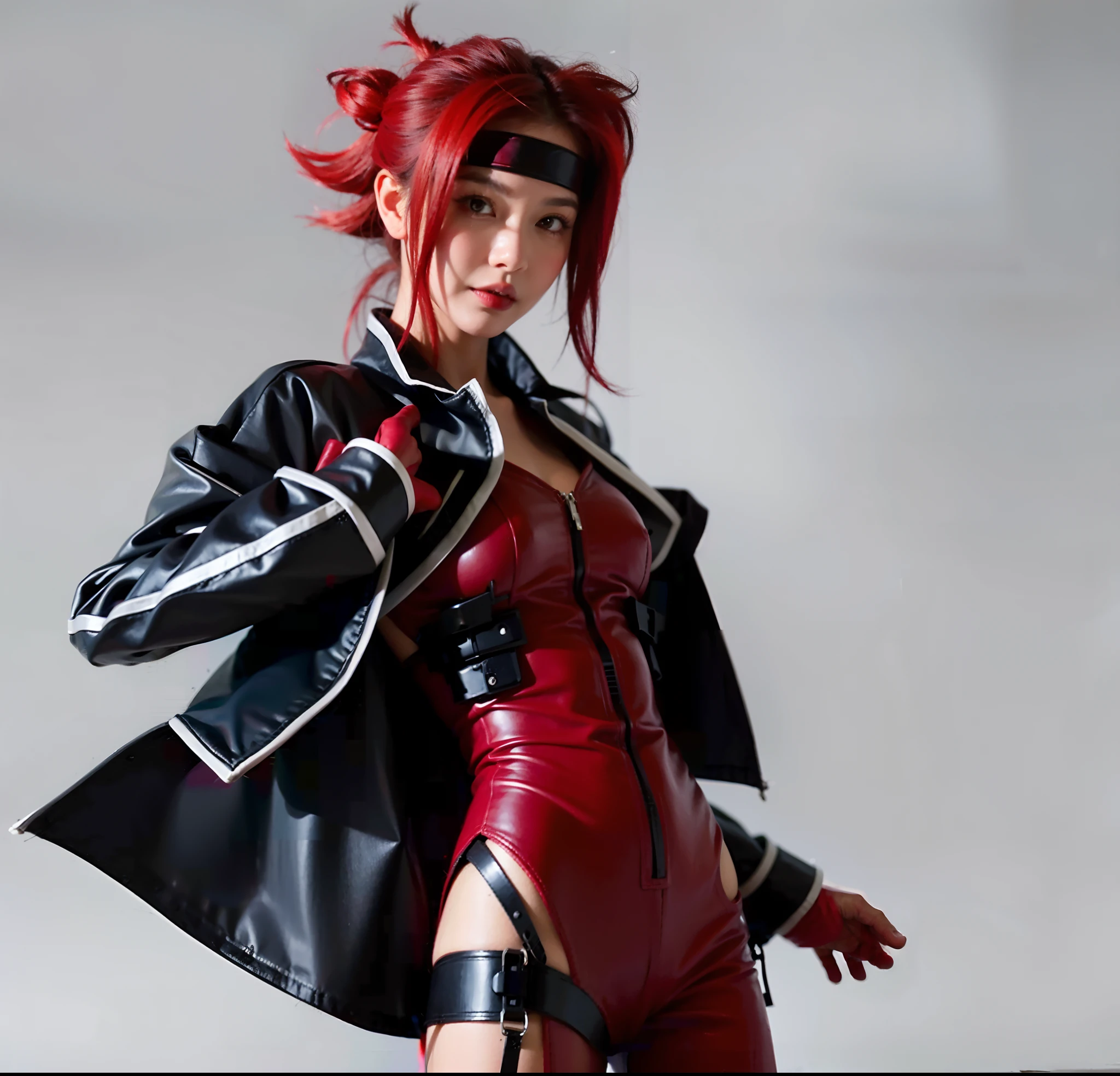 personagem feminina japonesa, cabelos vermelhos, Red headband with black brodas, Red leather jumpsuit with black and grey details, casaco de couro preto com detalhes cinza, luvas de couro vermelhas