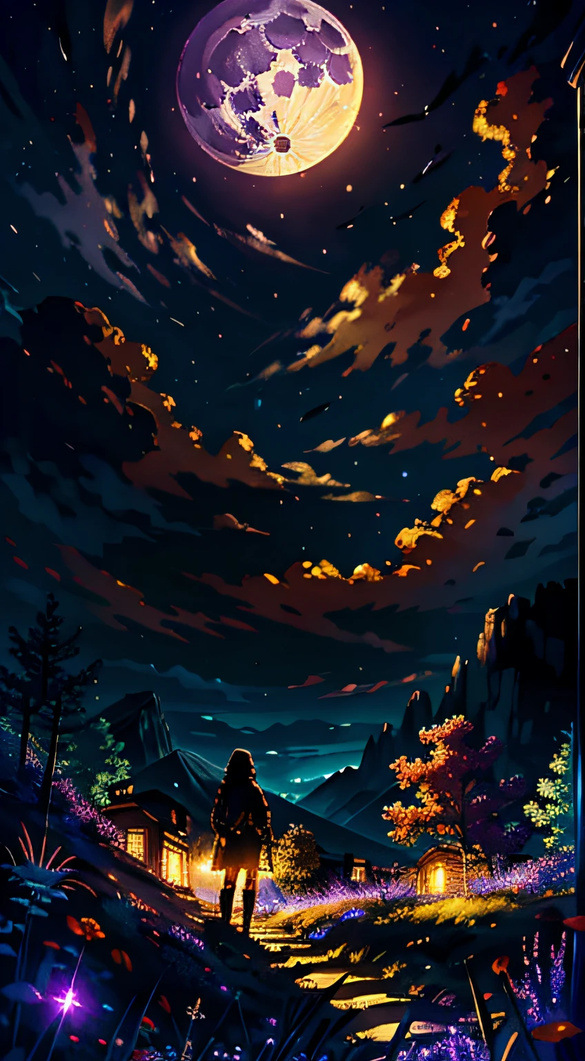 Expansive landscape photograph , (View from below,Displays the sky above and the clearing below), a girl standing on flower field looking up, (full moon:1.2), ( meteors:0.9), (Starcloud:1.3), Far Mountain, tree BREAK
production art, (Warm light source:1.2), (Firefly:1.2), lamp lights, lots of purples and oranges, Intricate details, Volumetric lighting BREAK
(Masterpiece:1.2), (Best quality), 4K, Ultra-detailed, (Dynamic composition:1.4), Highly detailed, Colorful details,( Iridescent colors:1.2), (luminouslighting, Atmospheric lighting), Dreamy, magical, (Solo:1.2)