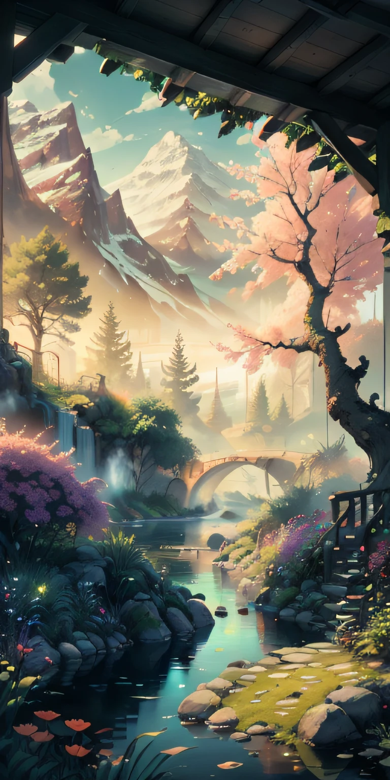 The exquisite beauty of nature:1.1, Realistic, professional, Vivid colors, Soft lighting, Landscapes, Detailed trees, Colorful flowers, flowing river, Majestic mountains, Gentle breeze, Clear blue sky, the sunlight filters through the leaves of the tree, vibrant hues, Natural tranquility, Lush greenery, Realistic textures