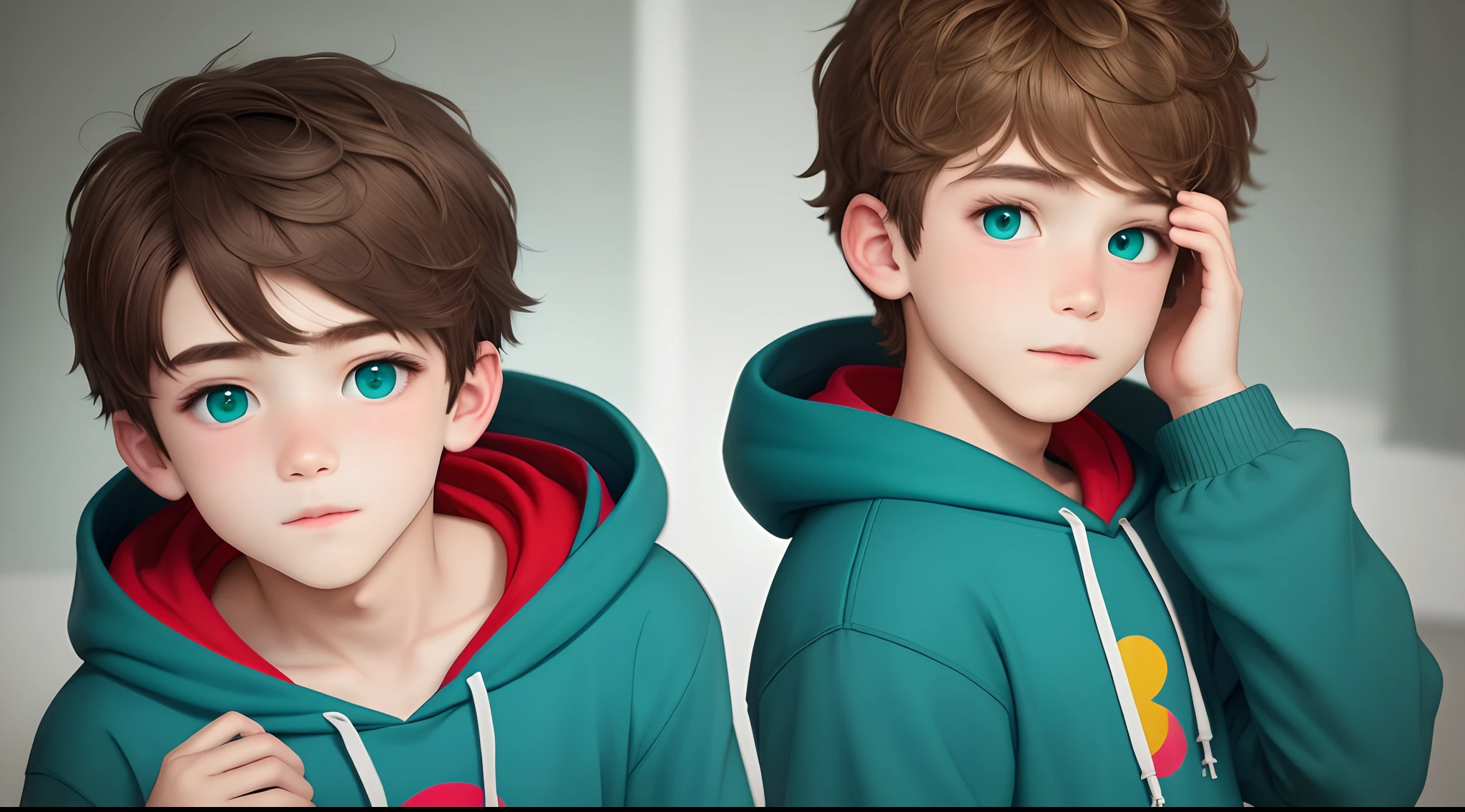 A boy who has a teal hoodie, green eyes, and brown hair