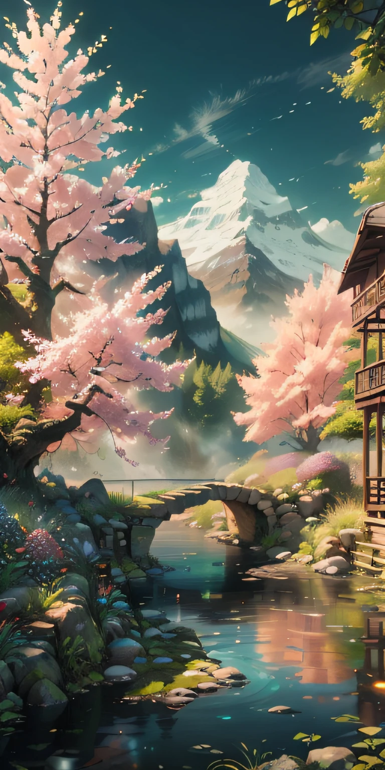 The exquisite beauty of nature:1.1, Realistic, professional, Vivid colors, Soft lighting, Landscapes, Detailed trees, Colorful flowers, flowing river, Majestic mountains, Gentle breeze, Clear blue sky, the sunlight filters through the leaves of the tree, vibrant hues, Natural tranquility, Lush greenery, Realistic textures
