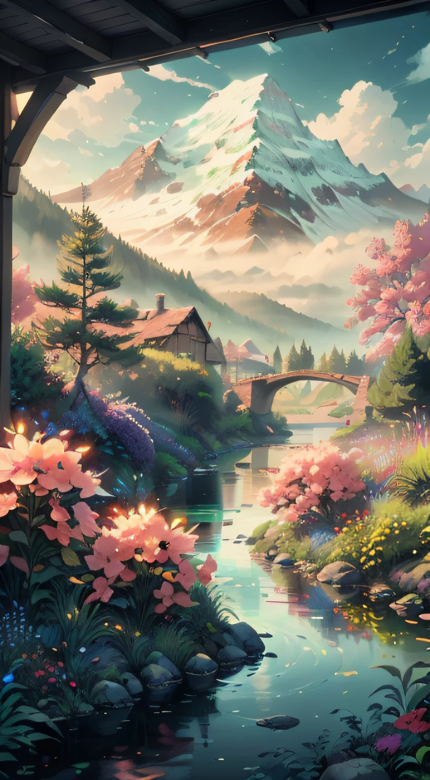 The exquisite beauty of nature:1.1, Realistic, professional, Vivid colors, Soft lighting, Landscapes, Detailed trees, Colorful flowers, flowing river, Majestic mountains, Gentle breeze, Clear blue sky, the sunlight filters through the leaves of the tree, vibrant hues, Natural tranquility, Lush greenery, Realistic textures