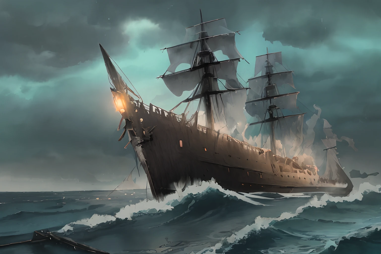 ​masterpiece、hightquality、Landscape painting、Detailed landscape painting、Very dark sky、Thick black clouds、In the darkness、Pitch Black Darkness、a dark night、Wide ocean、Ōlan、Detailed heavy rain、Detailed raindrops、Dense and dazzling lightning、Detailed lightning、The sea is very intense and rough、Very large waves、Ship cemetery、Zombie Ship、Boneship、A decaying ghost ship wandering through a thunderstorm、The sails are tattered and hanging、Rotten sails、Torn sails、Torn sails、Perforated sail、Broken mast、Tattered mast、Tattered hull、There are holes in some places、The hull is rotting、Detailed battered ghost ship、A crumbling ghost ship、Black Ghost Ship、The ghost ship is heavily tilted、Black fog around the ghost ship、Black aura、Wrecked ghost ship、Shipwrecked and broken、A sinking ghost ship、Missing mast、The Blue Demon Flame is engulfed in the Blue Demon Flame