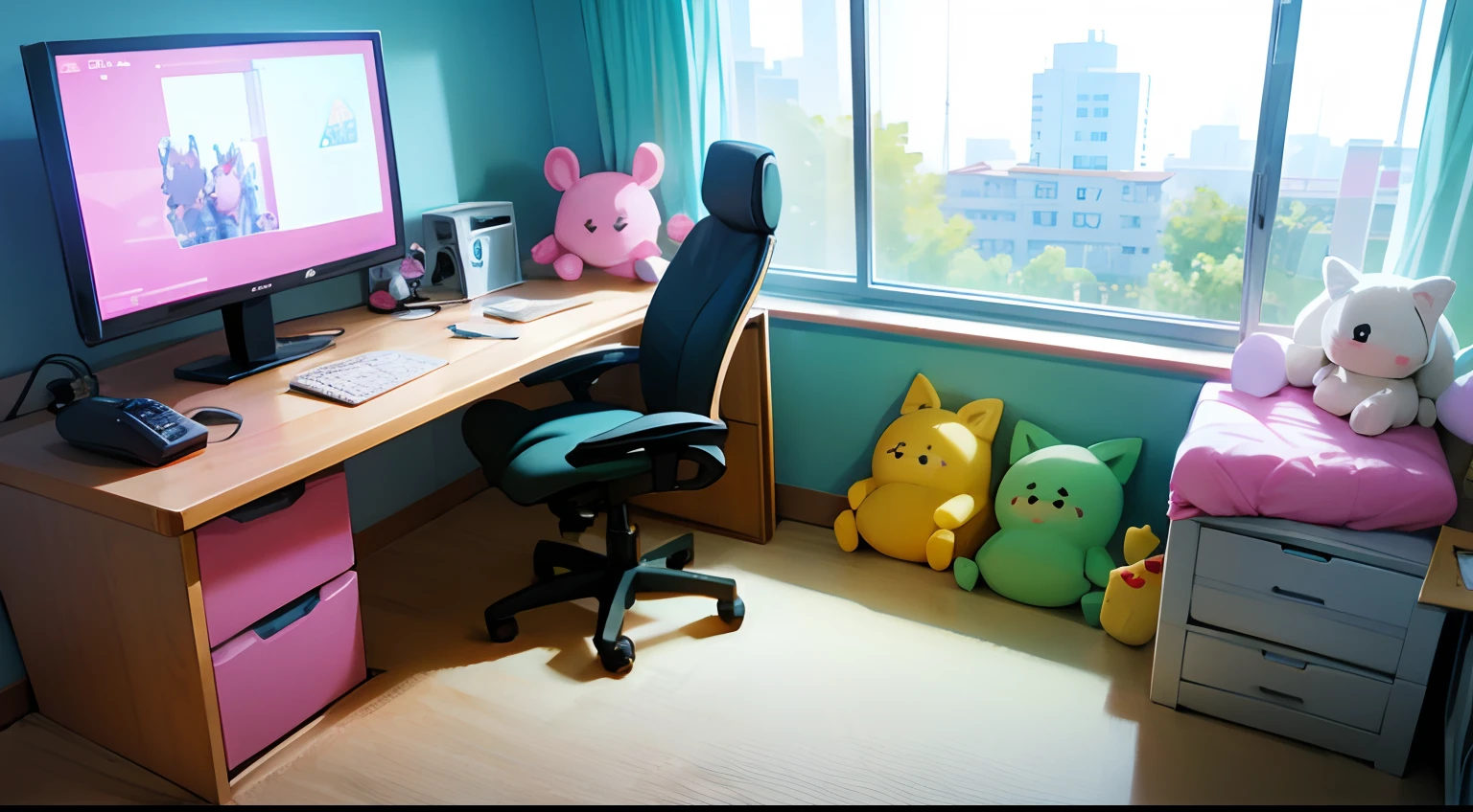 a very cute kawaii gaming bedroom with many stuffed animals