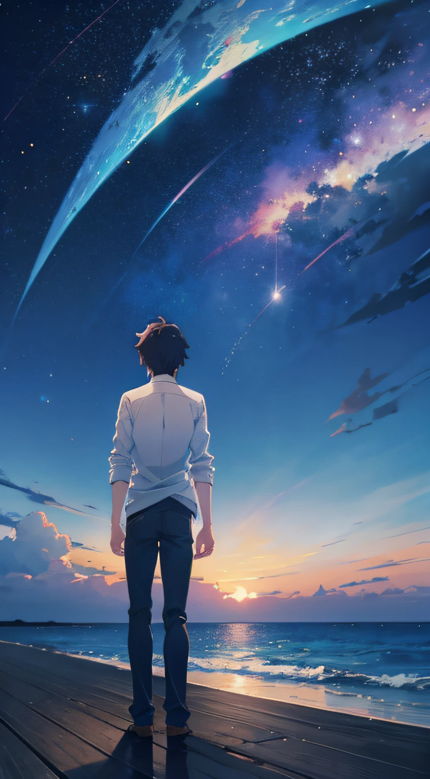 Anime style Makoto Shinkai, Anime character: A man standing on a pier looking at the sky, A dramatic cosmic sky, posterior view, Makoto Shinkai style art, Best quality,
