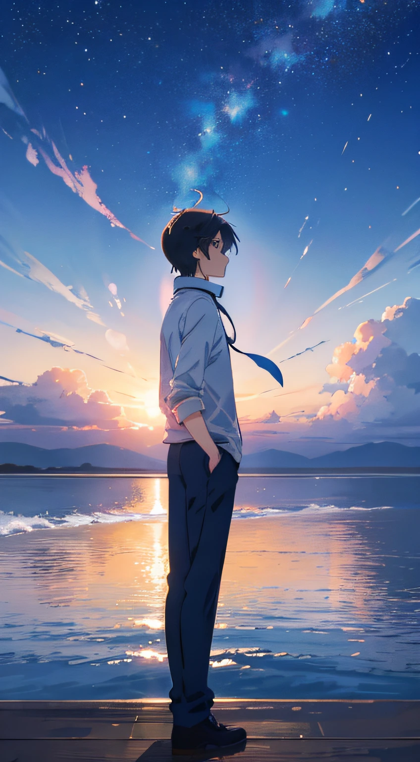 Anime style Makoto Shinkai, Anime character: A man standing on a pier looking at the sky, A dramatic cosmic sky, posterior view, Makoto Shinkai style art, Best quality,