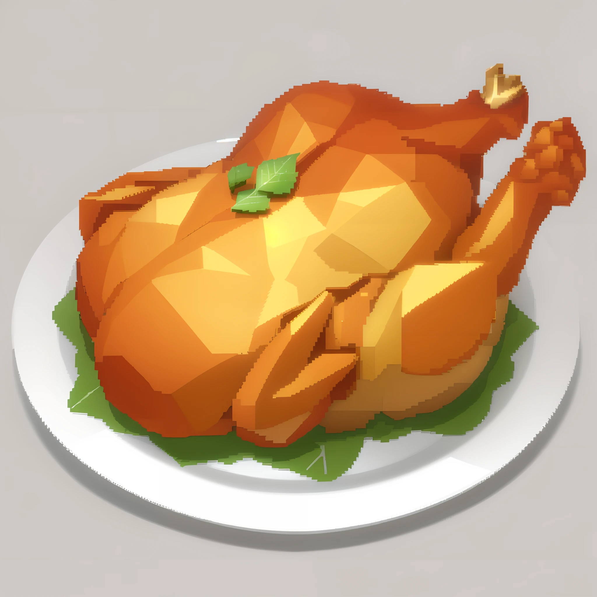 The golden roast chicken is placed on a plate with green leaves,3 d icon for mobile game, , high quality lowpoly art, Grilled chicken, low poly, Chicken, Fried chicken, game assets
