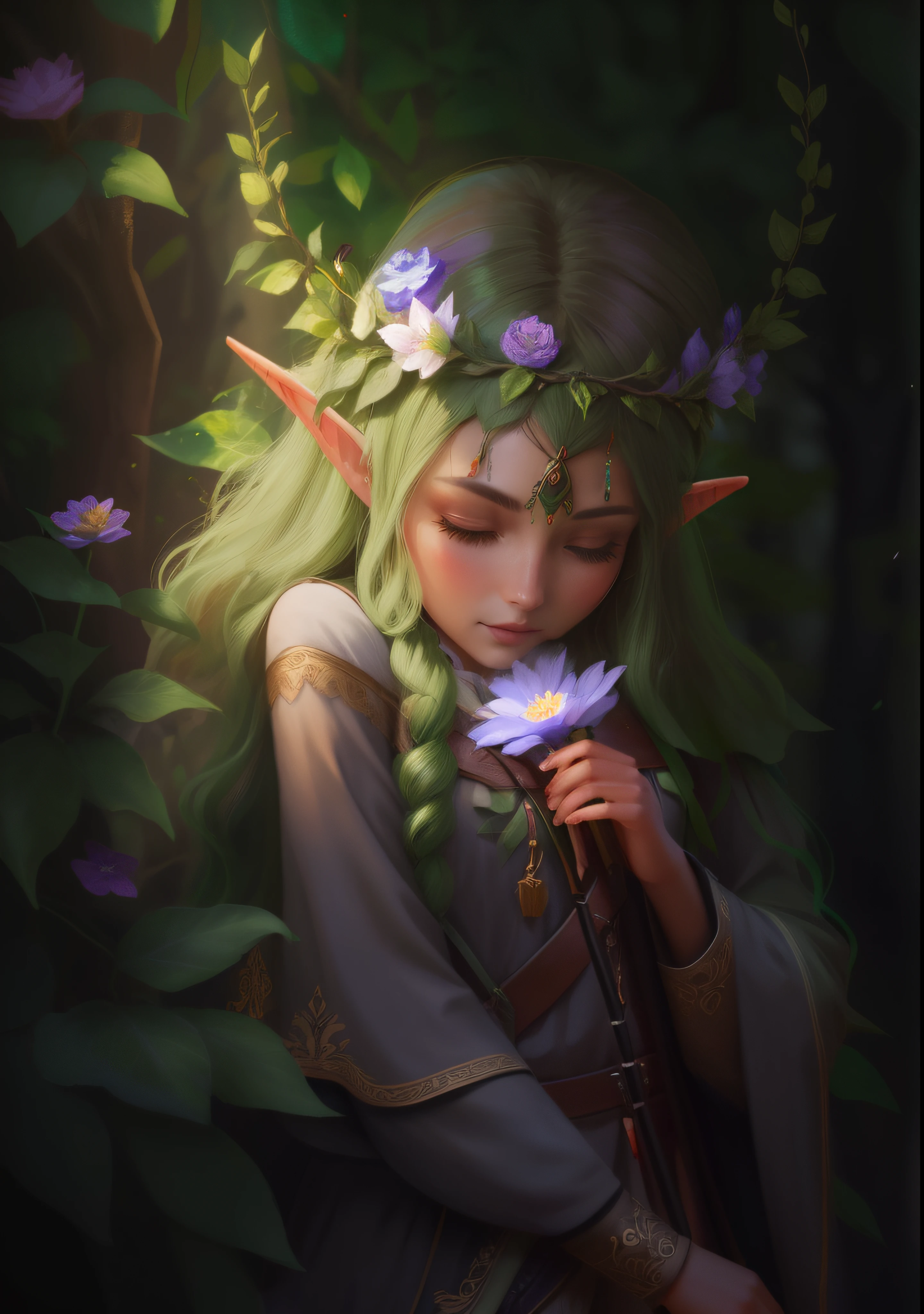 Forest archer，Dark forest，Female elf，delicated face，Flower petals and crown ornaments，Lots of details