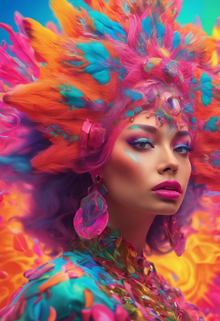 (best quality,8k,highres,masterpiece:1.2),ultra-detailed,(realistic,photorealistic,photo-realistic:1.37),a woman with a neon makeup and a headdress,transgressive art,sharp focus,8k,Octane Render,saturated colors,pastel colors
