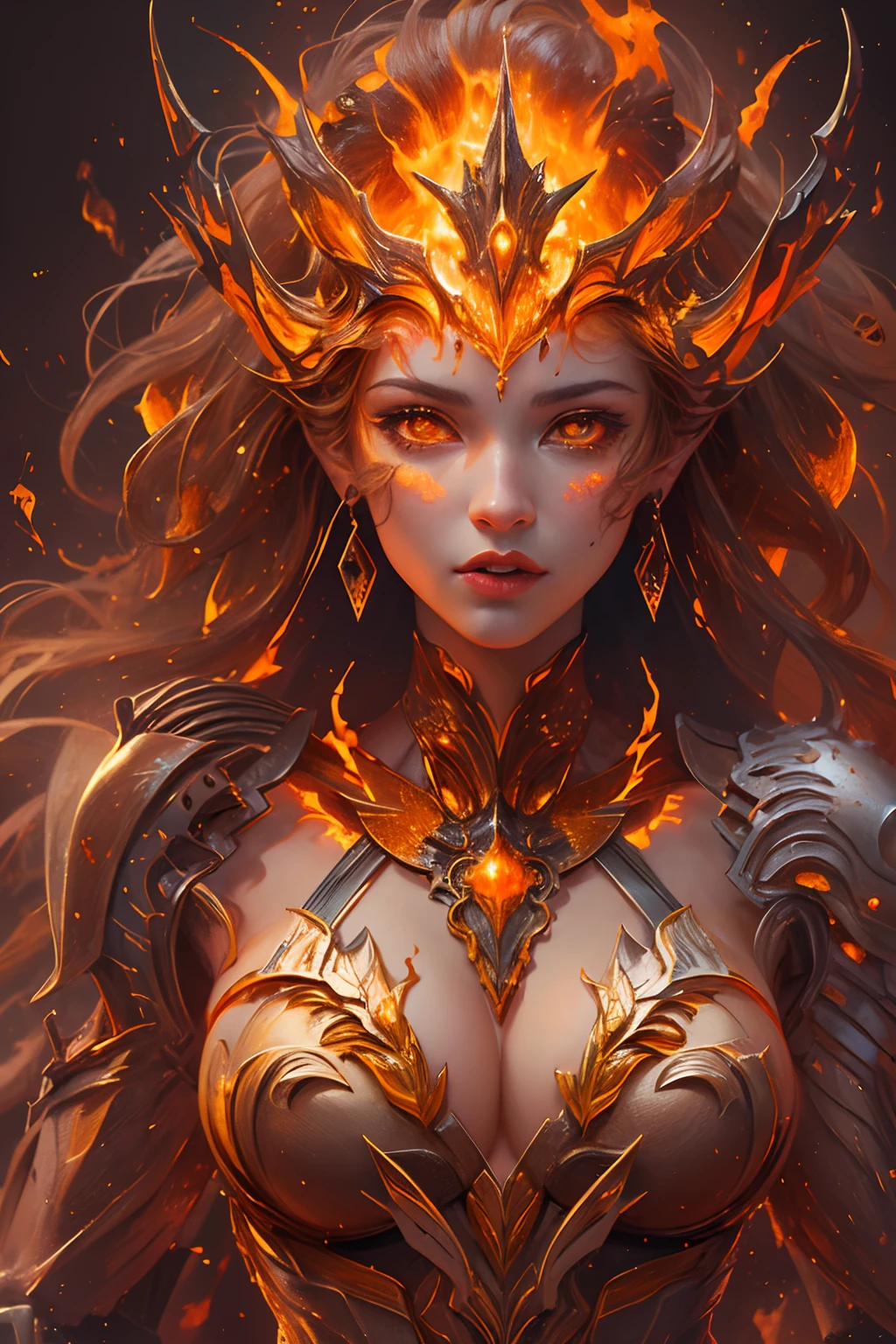 This (realistic fantasy) art contains embers, real flames, real heat, and realistic fire. Generate a masterpiece artwork of a ite female fire druid with large (((orange and gold))) eyes. The fire druid is awe-inspiring with beautiful ((realistic fiery eyes)) alight with confidence and power. Her features are elegant and well defined, with ((soft and puffy lips)), elven bone structure, and realistic shading. full body. Her eyes are important and should be the focal point of this artwork, with ((extremely realistic details, macro details, and shimmer.)) She is wearing a billowing and glittering dress made of realistic flames and jewels that glimmer in the fire light. Wisps of fire and smoke line the intricate bodice of the dress. Include bumps, stones, fiery iridescence, glowing embers, silk and satin and leather, an interesting background, and heavy fantasy elements. Camera: Utilize dynamic composition techniques to enhance the realistic flames