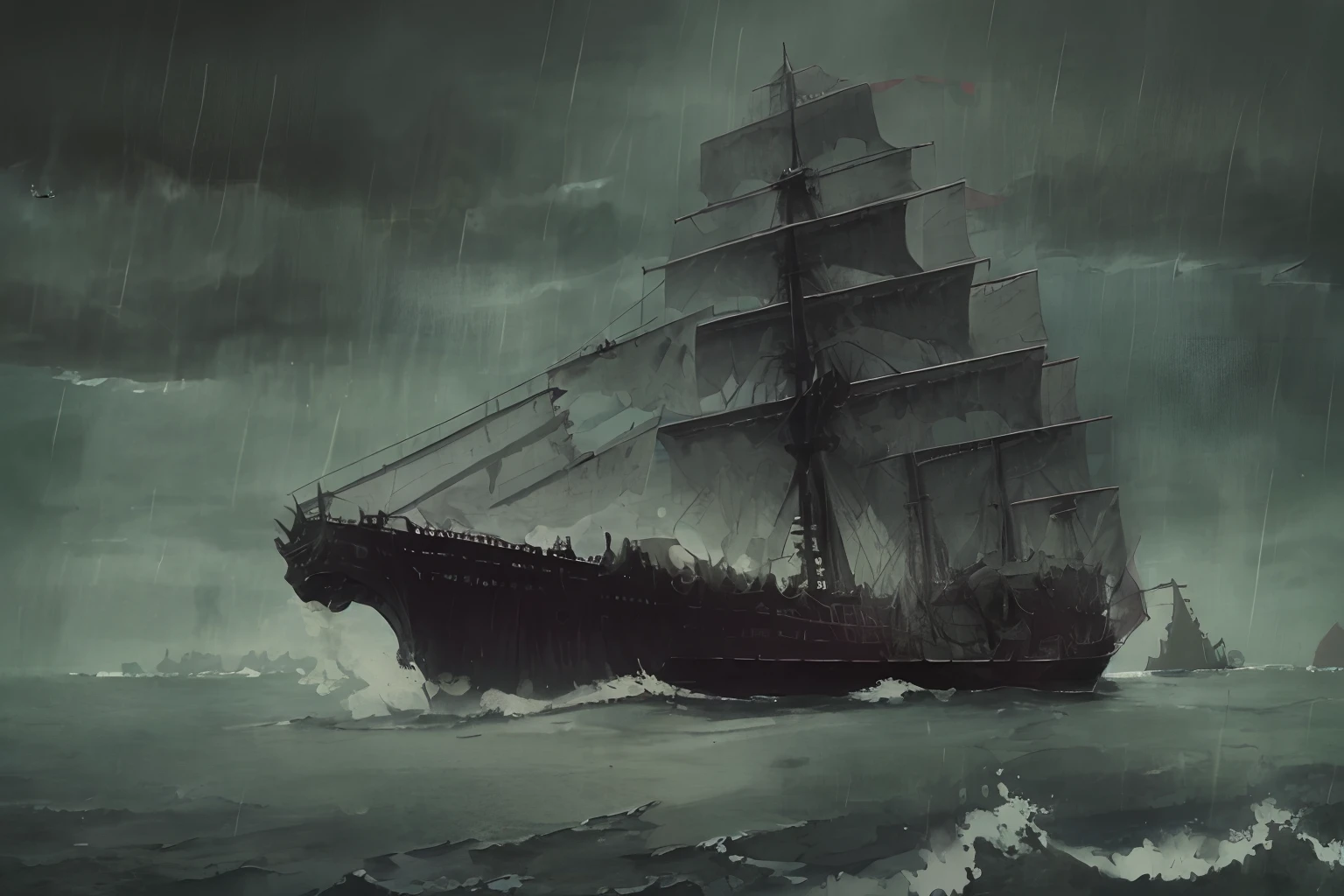 masterpiece、hightquality、Landscape painting、Detailed landscape painting、Very dark sky、Thick black clouds、In the darkness、Pitch Black Darkness、a dark night、Wide ocean、Ōlan、Detailed heavy rain、Detailed raindrops、Dense and dazzling lightning、Detailed lightning、The sea is very intense and rough、Very large waves、Ship cemetery、Zombie Ship、Boneship、A decaying ghost ship wandering through a thunderstorm、The sails are tattered and hanging、Rotten sails、Torn sails、Torn sails、Perforated sail、Broken mast、Tattered mast、Tattered hull、There are holes in some places、The hull is rotting、Detailed battered ghost ship、A crumbling ghost ship、Black Ghost Ship、The ghost ship is heavily tilted、Black fog around the ghost ship、Black aura、Wrecked ghost ship、Shipwrecked and broken、A sinking ghost ship、Missing mast、The Blue Demon Flame is engulfed in the Blue Demon Flame