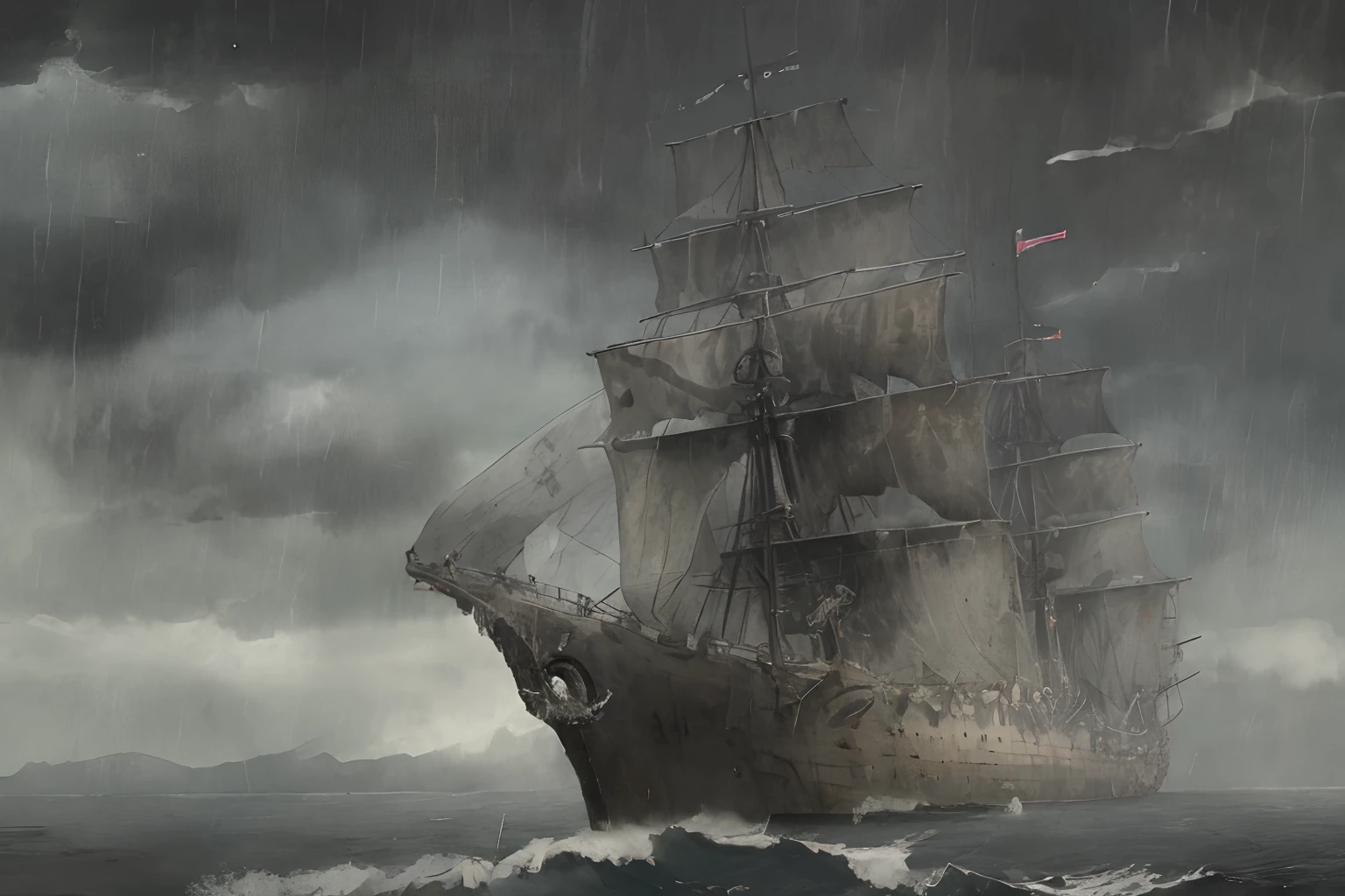 As a ghost ship, the Silent Mary was more like a wreck than a working ship. It looked worrisome because the sails were torn, but sailed at a godless speed, and the hull almost rotted up to resemble a large floating thoracic cage. Dark clouds gathered behind the ship, although the rest of the sky was clear. Salazar’s ship was like a sea monster, from which no pirate ship could escape, for its hull opened up like the mouth of a huge beast, then tearing its prey and drowning it.
By the time the Silent Mary became a ghost ship, the gangways and their guardrails collapsed in several places and were no longer usable, forcing the crew of the ship to cross directly to the main deck. The ship’s prow, located under the beaupré, showed a woman holding a spear. Like many other Spanish ships of the time, the Silent Mary had a Howler-Billed mast at the end of the Beaupré.
With her keel, bottom and lower decks almost entirely destroyed, her exposed members to the weather and many boards broken or missing, her sails in rags and all her mast broken, the Silent Mary was no more than a wreck. Under normal circumstances, any ship with such extensive damage would sink when it hits the water. However, defying the laws of physics, the Silent Mary continued to sail like a normal ship in sailing condition, even though it was more of a skeleton than a ship. Now a terrifying specter, she has become the main tool of Salazar’s revenge. Using his magic, Salazar could easily bend the bow of the ship to the rear and open the ship’s girders like the jaws of a giant sea monster. He then crushed the Silent Mary on the deck of an enemy ship, breaking it in half, while the Silent Mary, protected by Salazar’s magic, and despite its decrepit appearance, was apparently indestructible. Another aspect of the ship’s hull that could be transformed by Salazar’s will was the ability to animate the figurehead into a living, massive and apparently sensitive wooden monster that attacked enemies.
