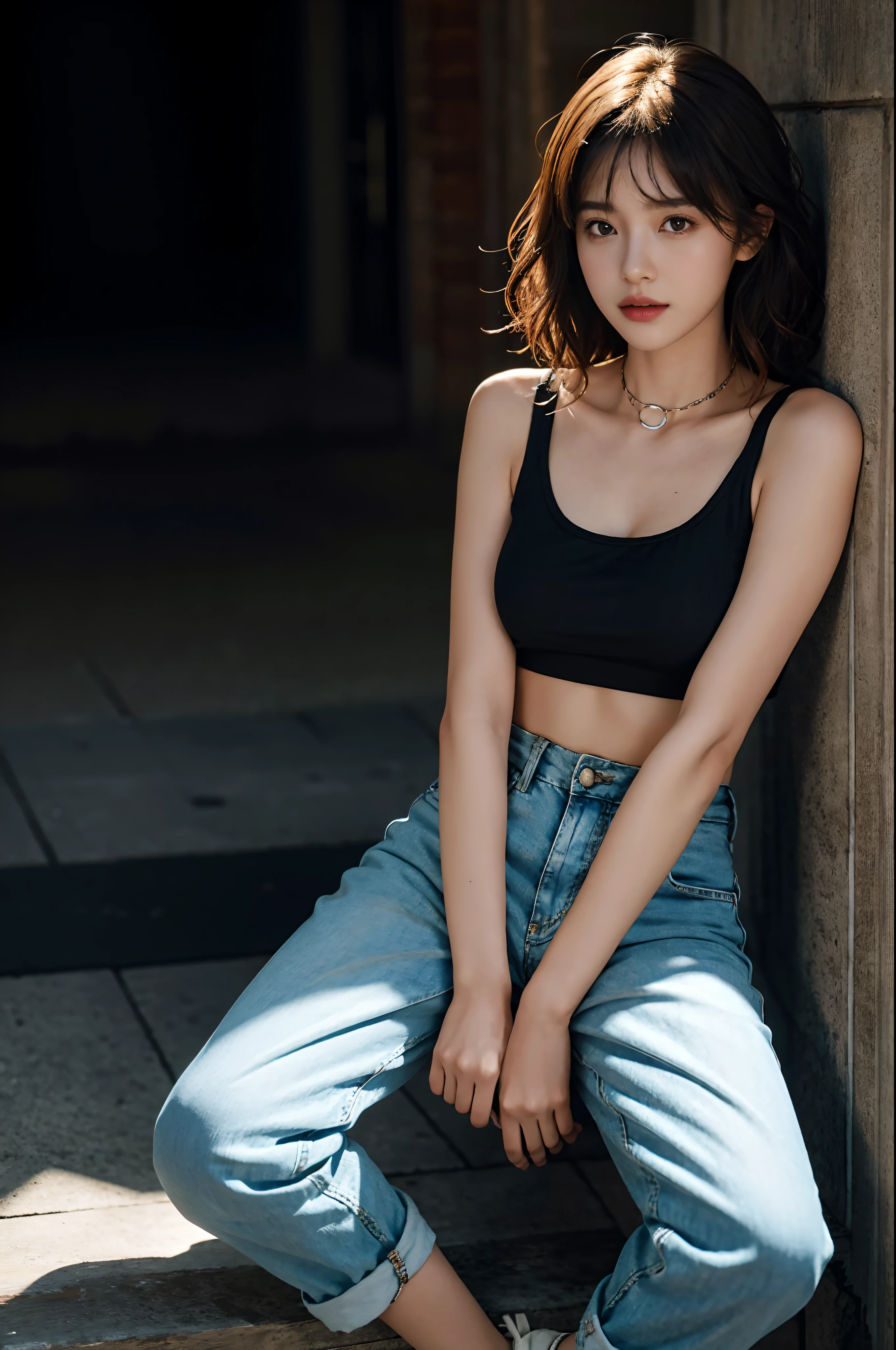 full body，（Bigboobs、Tomboyish、small heads）），（Clear abs：1.1），（perfect bodies：1.1），（short and wavy hair：1.2），Russet hair，Collar，chain，Full body photo，crowding street，wearing a black tank top，jean jacket，（shorter pants）），（Extremely detailed CG 8k wallpaper），（Extremely delicate and beautiful），（Extremely delicate and beautiful），（tmasterpiece），（best qualityer：1.0)，（超A high resolution：1.0），（超A high resolution：1.0），Nice lighting，Perfect flash realistic shadows，[A high resolution]，delicate skin，hyper-detailing（（a color））