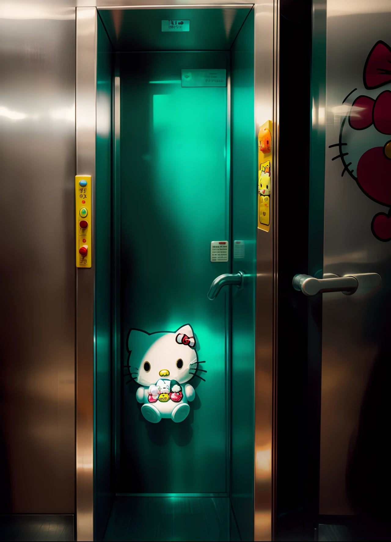 Ghost face in a elevator with a hello kitty plushie in his left hand